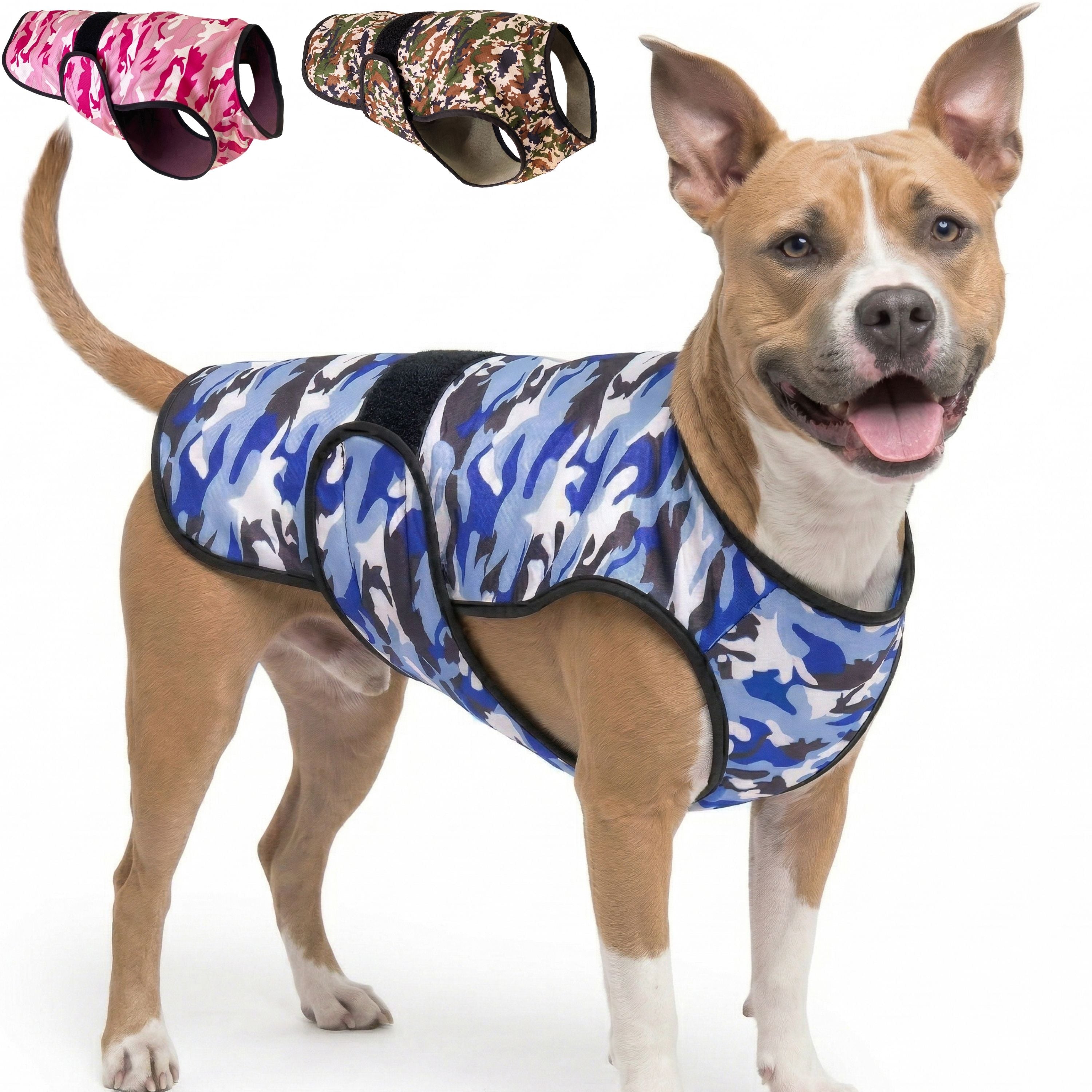 A dog standing against a white background wearing a camouflage cooling vest, with thumbnail options in the top corner other camouflage color variations.