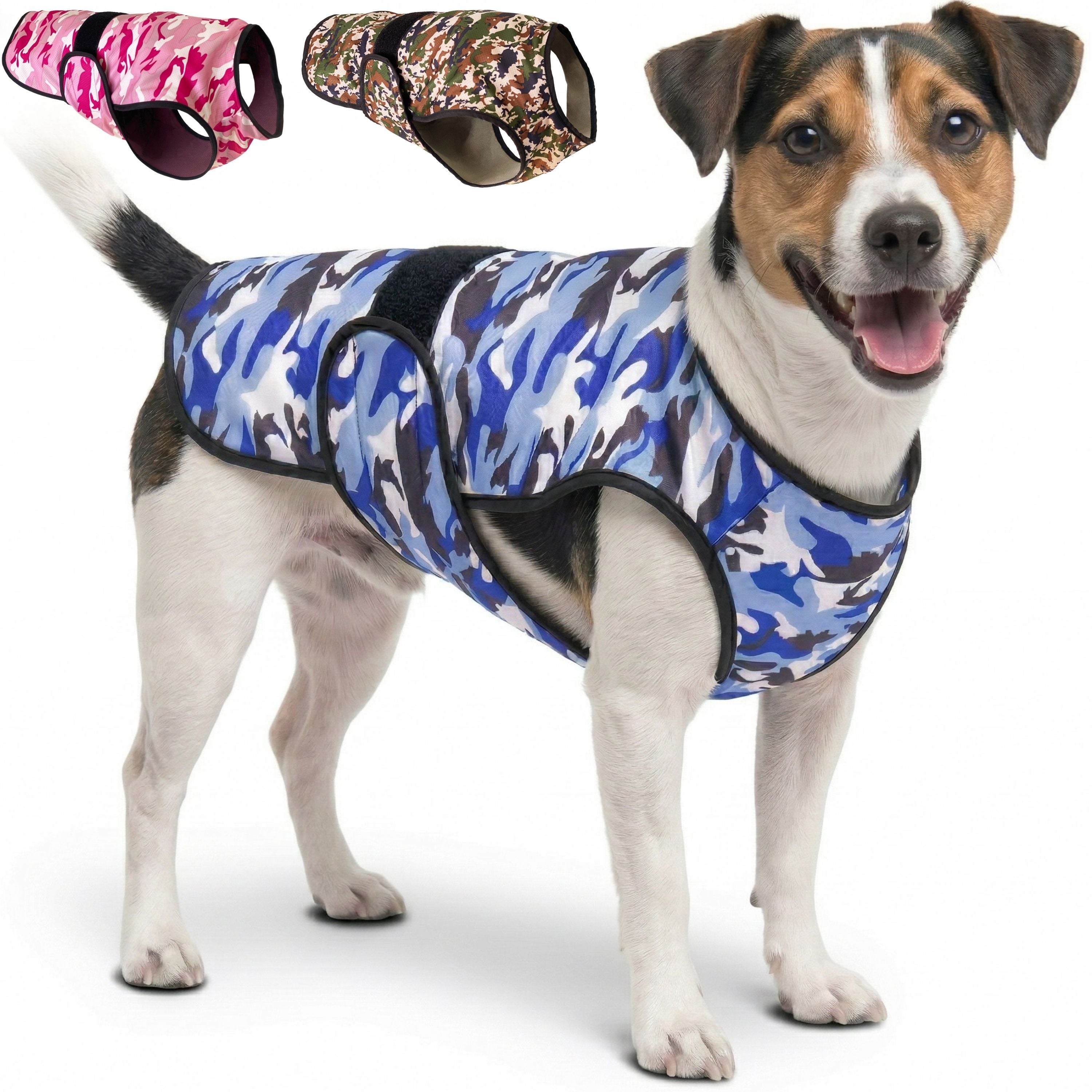 A dog standing against a white background wearing a camouflage cooling vest, with thumbnail options in the top corner other camouflage color variations.