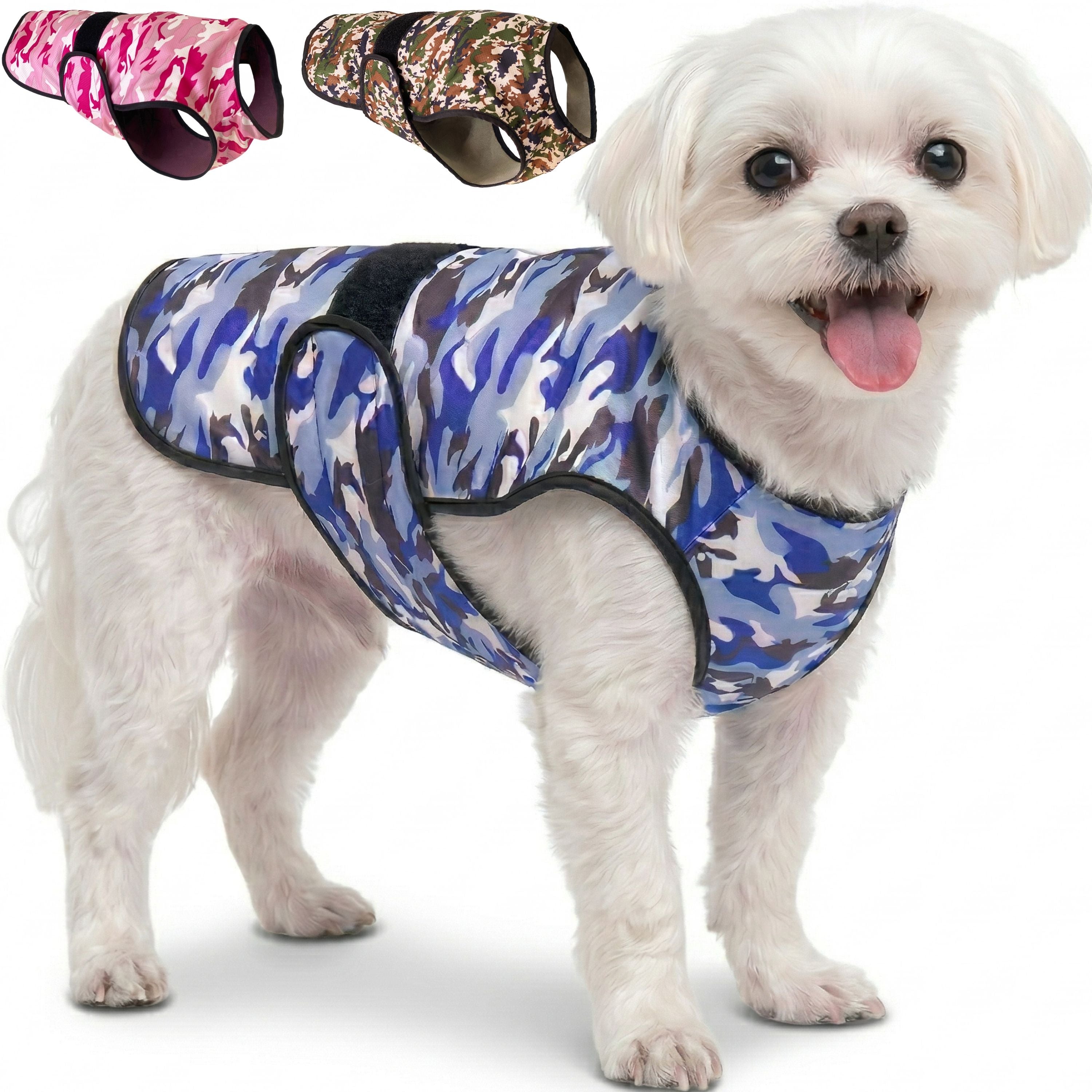 A dog standing against a white background wearing a camouflage cooling vest, with thumbnail options in the top corner other camouflage color variations.