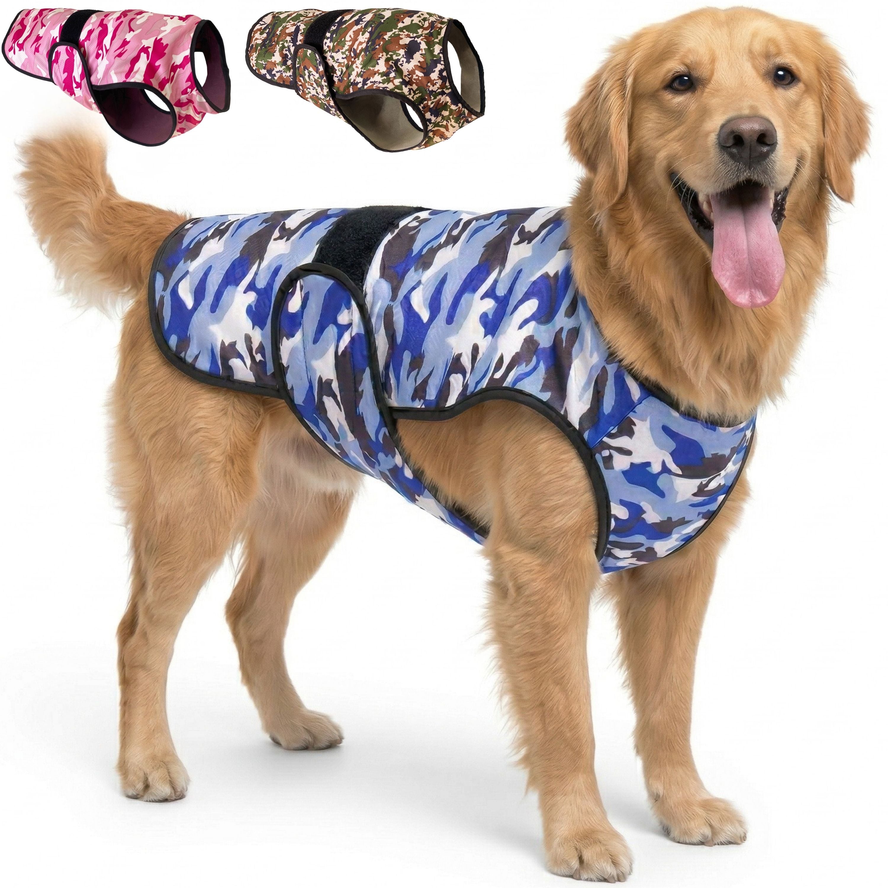 A dog standing against a white background wearing a camouflage cooling vest, with thumbnail options in the top corner other camouflage color variations.