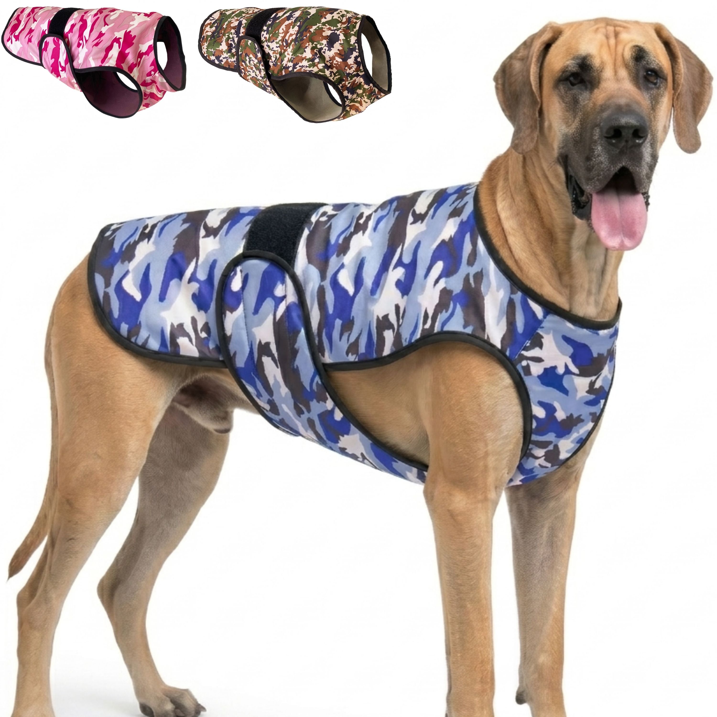 A dog standing against a white background wearing a camouflage cooling vest, with thumbnail options in the top corner other camouflage color variations.