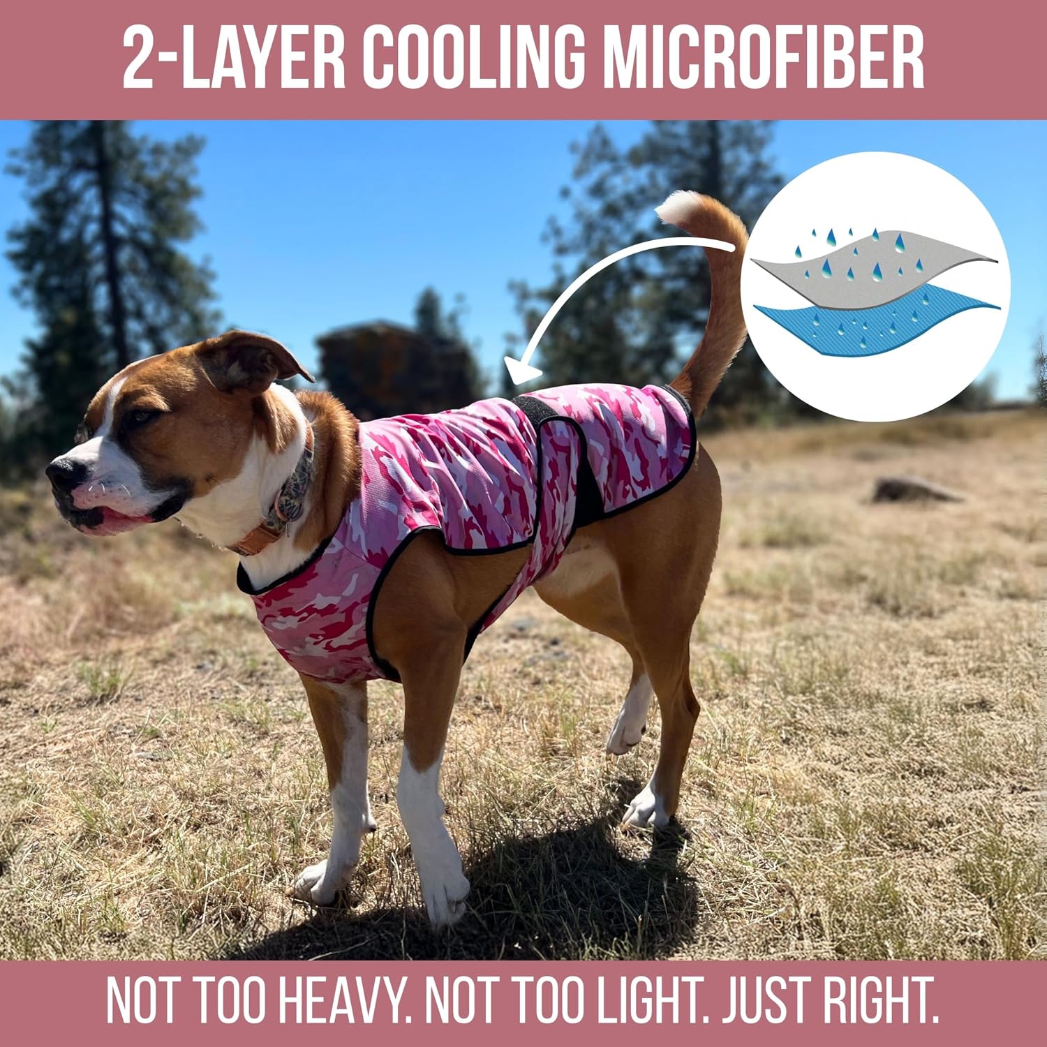 An infographic featuring a dog outdoors wearing a pink camouflage vest, highlighting its 2-layer cooling microfiber fabric design with a circular inset illustration.