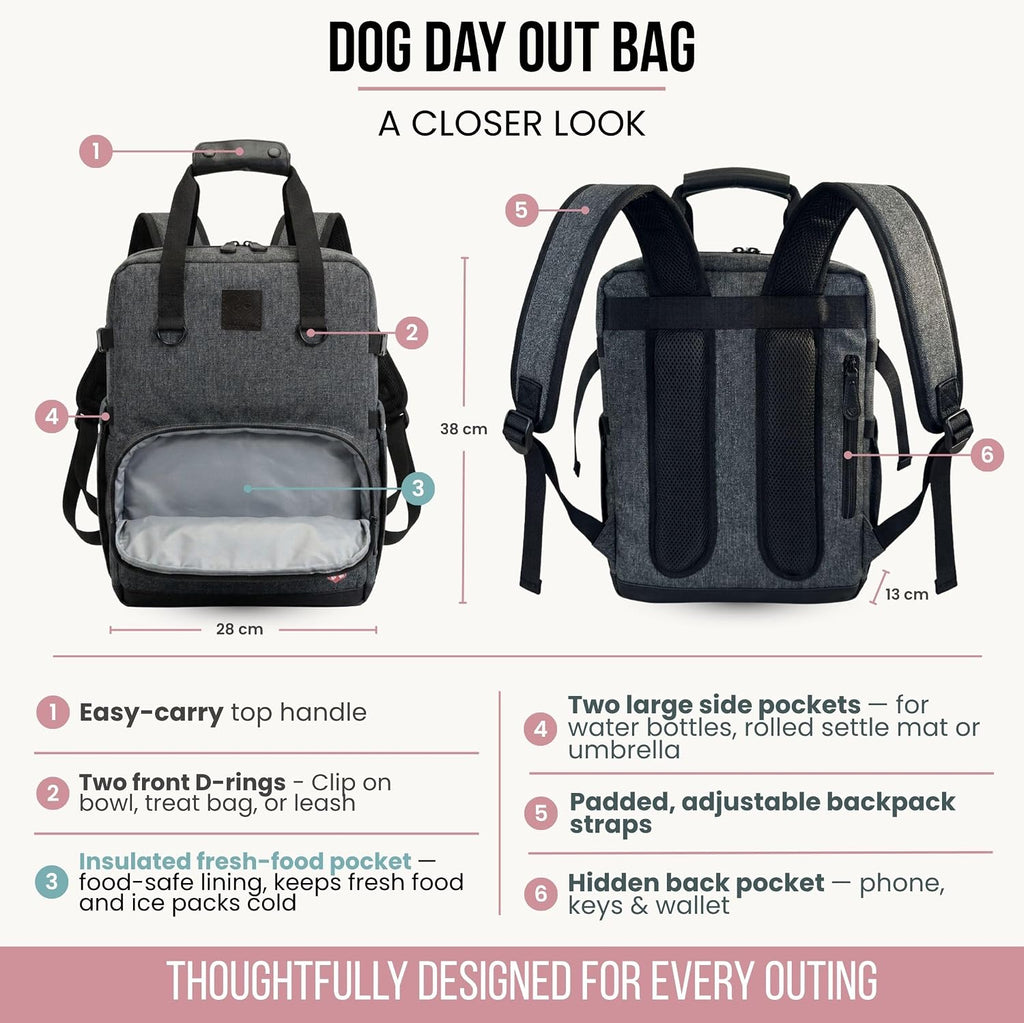 An diagram showing the front, back, and key functional features of a gray dog travel backpack.