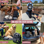 A four-panel grid showing different uses for the gray dog travel backpack, including outdoor dining, walking, picnicking, and weekend trips with dogs.