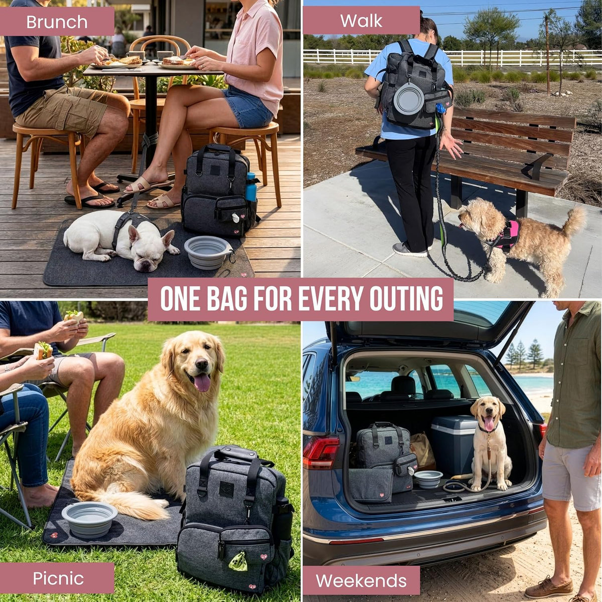 A four-panel grid showing different uses for the gray dog travel backpack, including outdoor dining, walking, picnicking, and weekend trips with dogs.