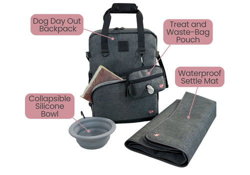 The Lucolove Dog Day Out Bag with its settle mat, treat pouch and collapsible bowl