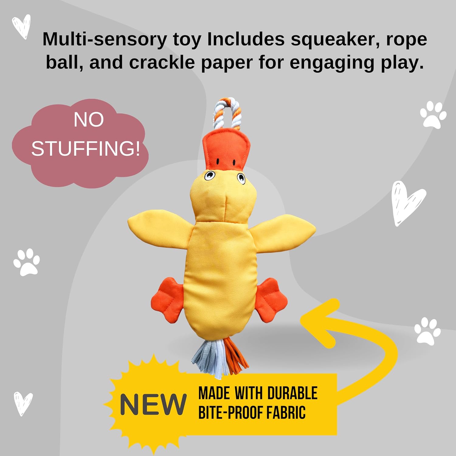 An graphic introducing the yellow plush duck dog toy, highlighting its stuffing-free, bite-proof design and multi-sensory features like a squeaker and crackle paper.