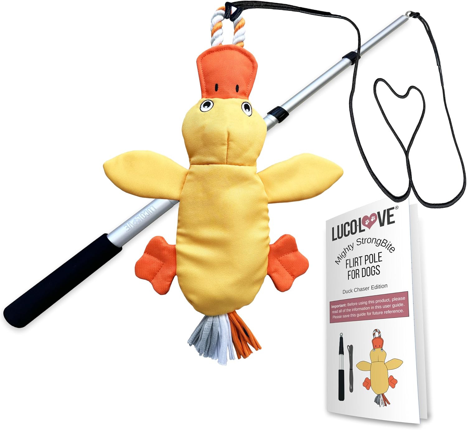 A duck dog toy lure attached to a metal extendable flirt pole, displayed alongside an instruction manual guide.