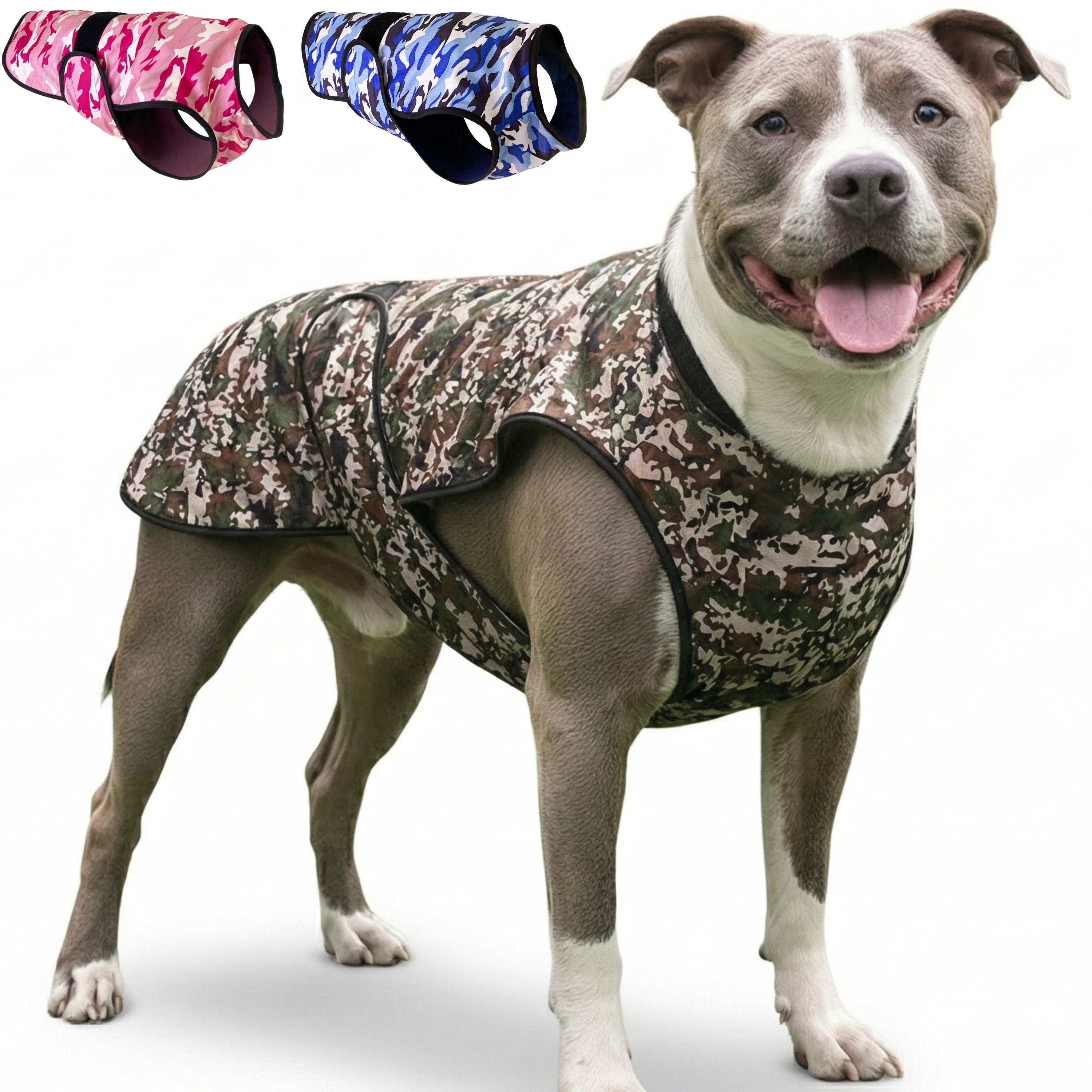 A dog standing against a white background wearing a camouflage cooling vest, with thumbnail options in the top corner other camouflage color variations.