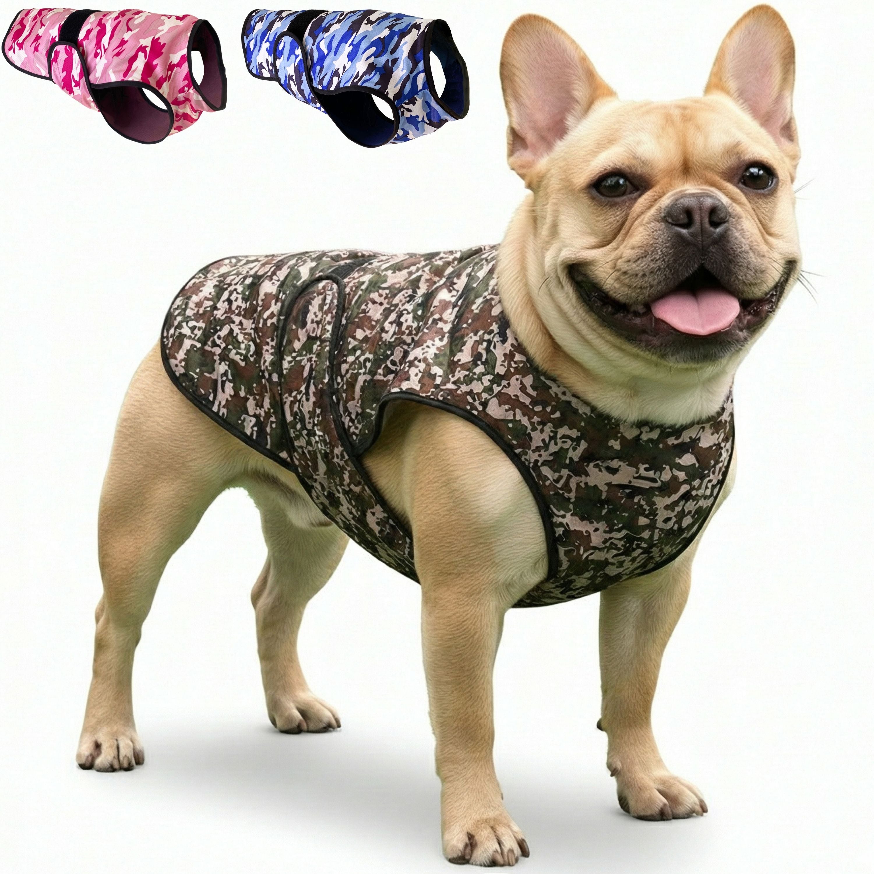 A dog standing against a white background wearing a camouflage cooling vest, with thumbnail options in the top corner other camouflage color variations.