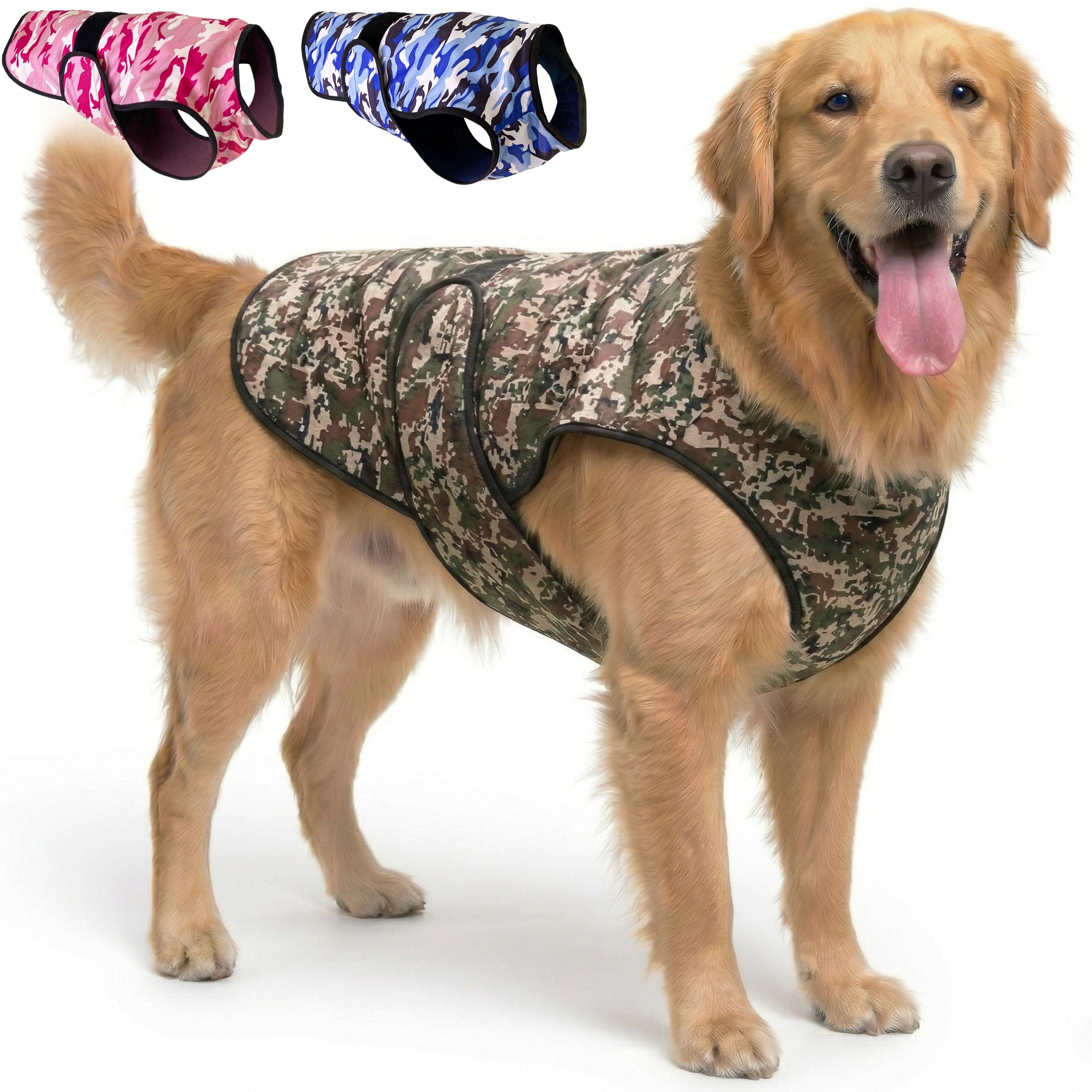 A dog standing against a white background wearing a camouflage cooling vest, with thumbnail options in the top corner other camouflage color variations.