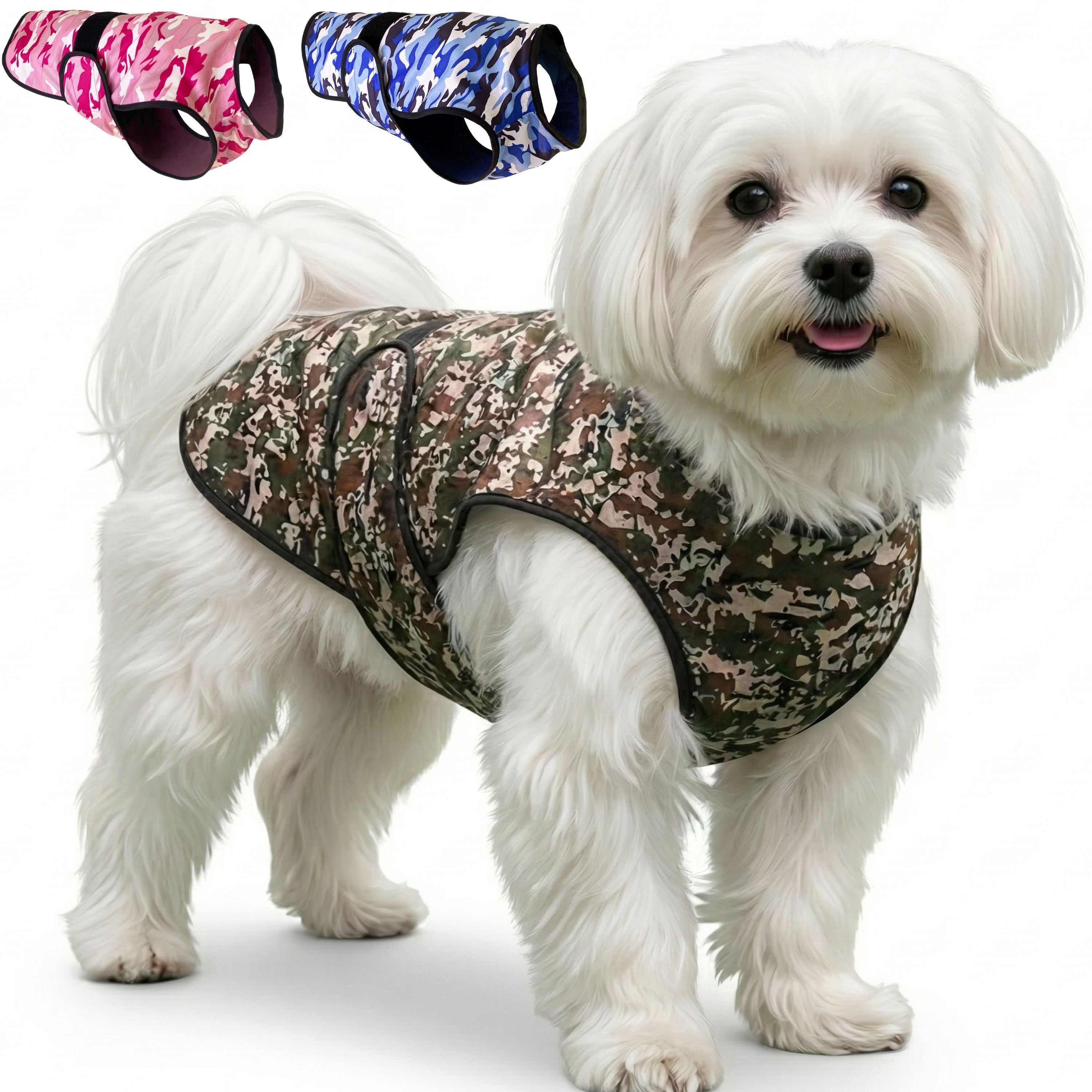 A dog standing against a white background wearing a camouflage cooling vest, with thumbnail options in the top corner other camouflage color variations.