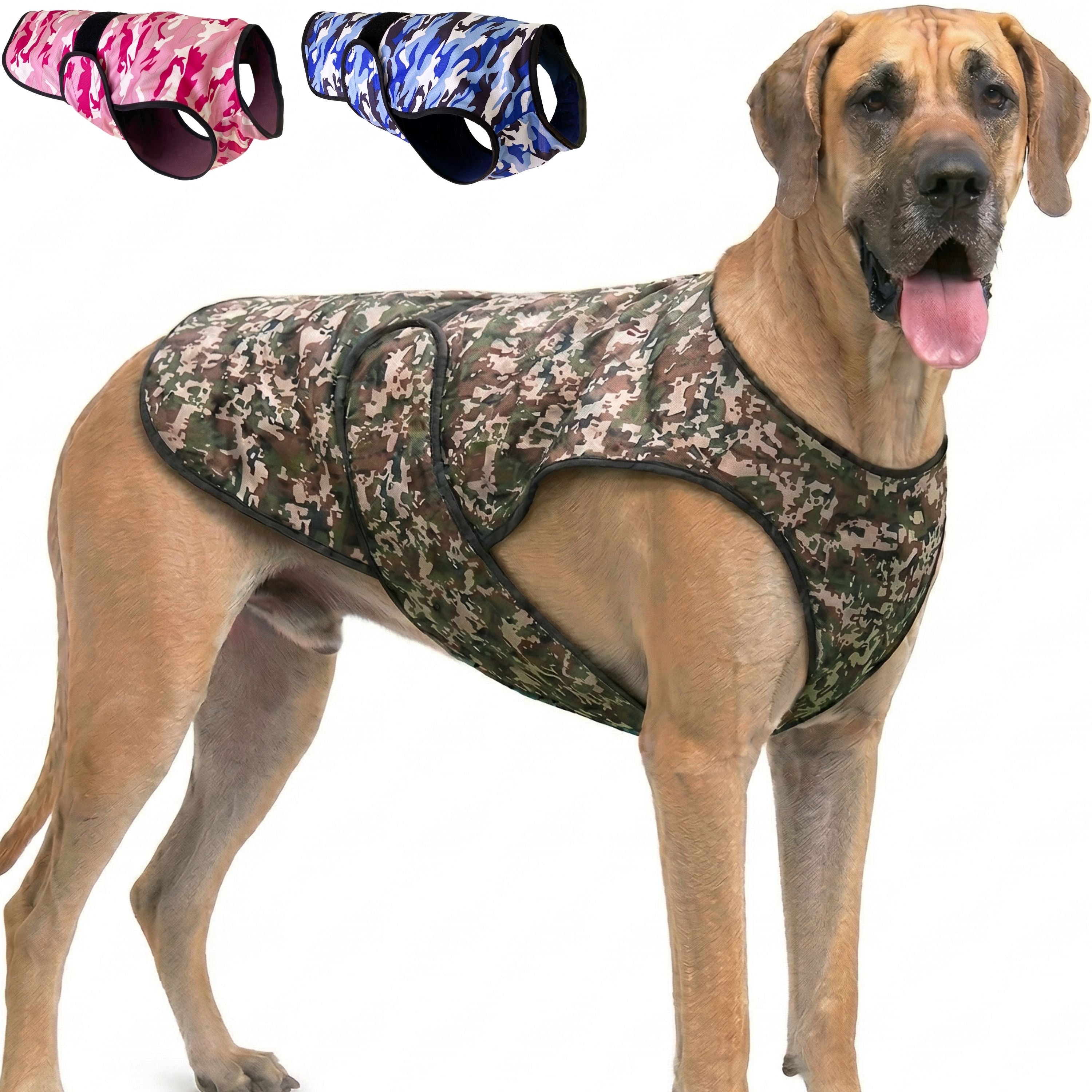 A dog standing against a white background wearing a camouflage cooling vest, with thumbnail options in the top corner other camouflage color variations.
