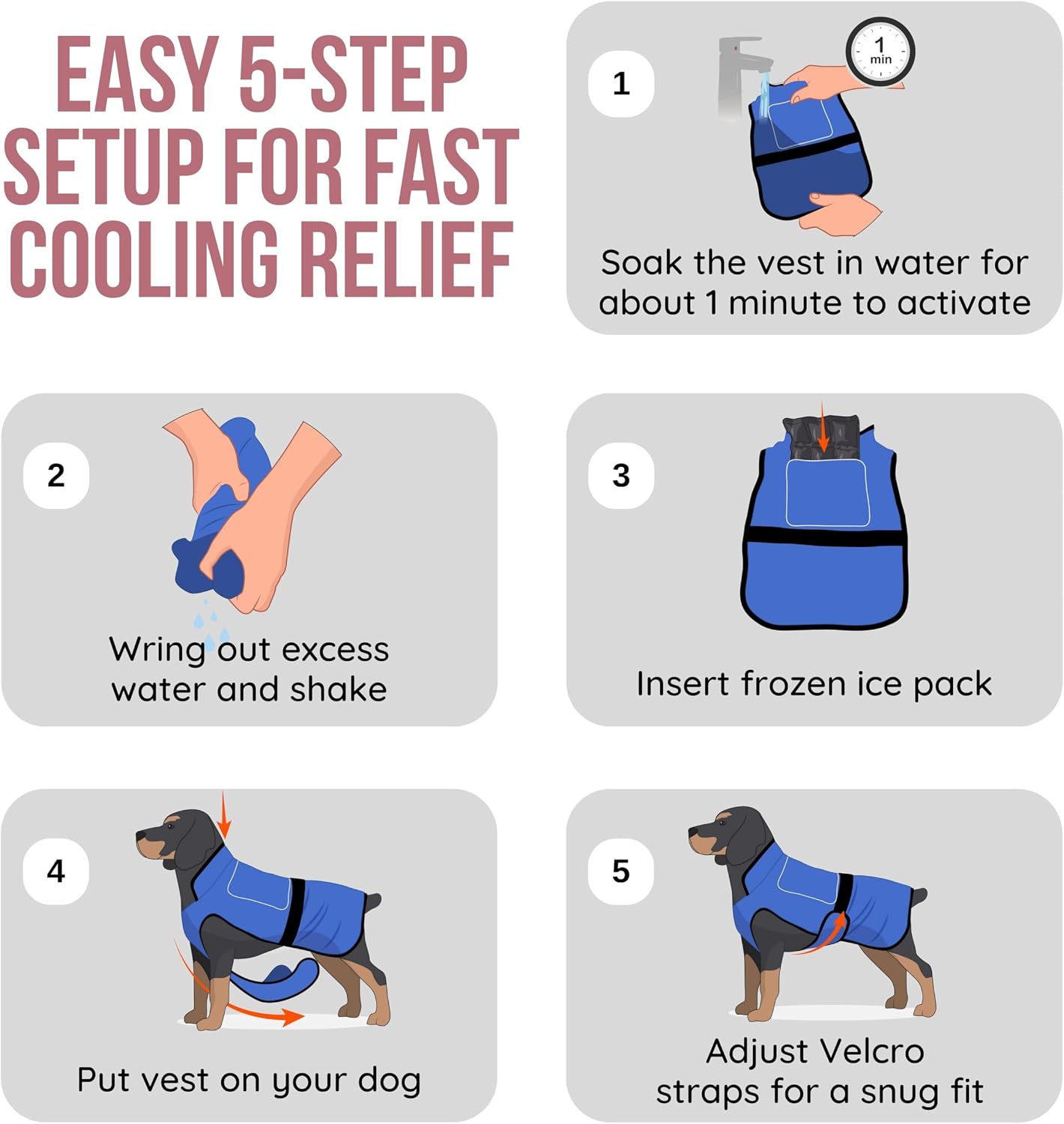 An instructional diagram outlining the 5-step setup process for activating and fitting a cooling dog vest, including soaking, wringing, inserting an ice pack, and securing the Velcro straps.