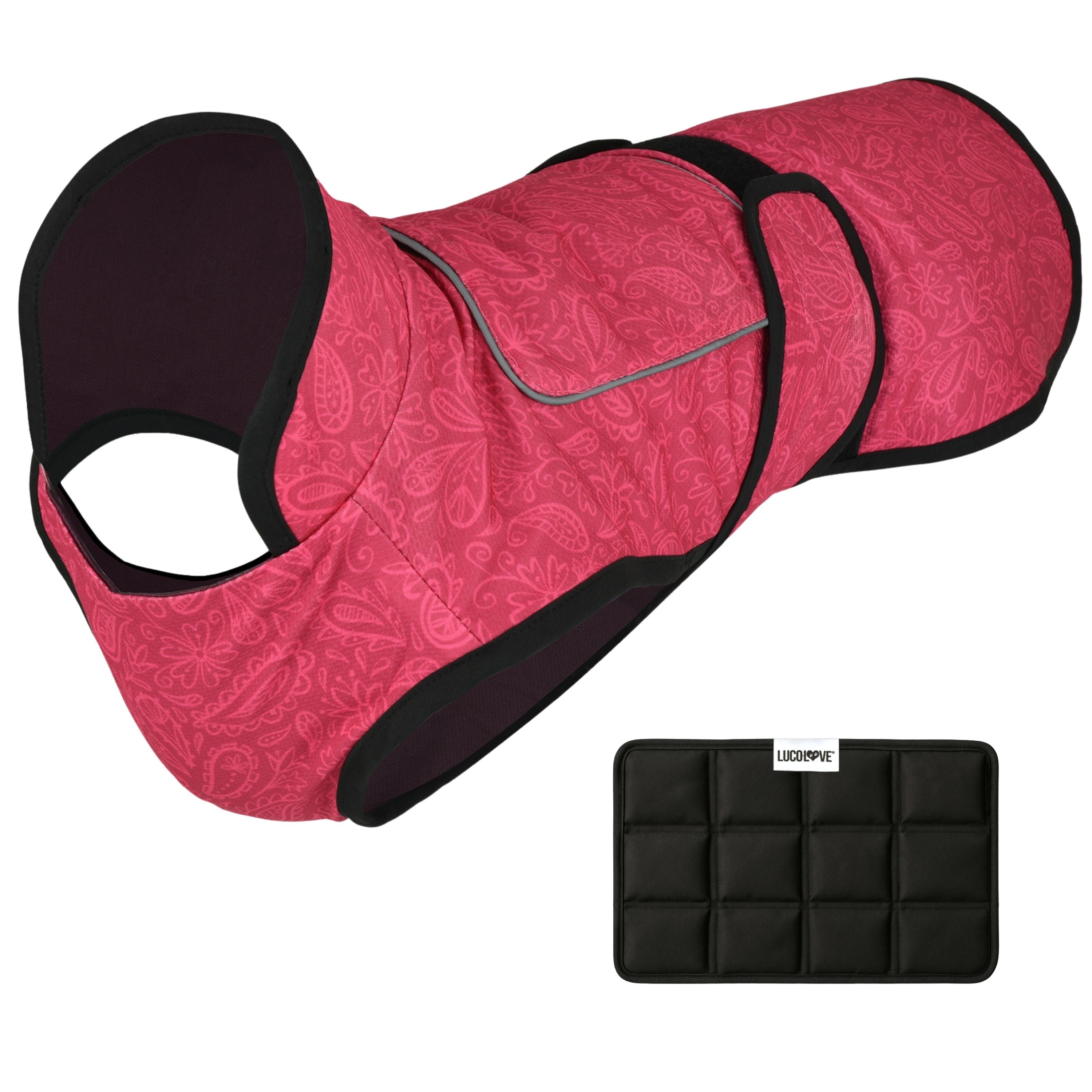 A pink flower-patterned cooling dog vest shown against a white background with black trim, an upper ice pack pocket flap, side Velcro straps, and an accompanying black multi-compartment ice pack labelled "Lucolove".