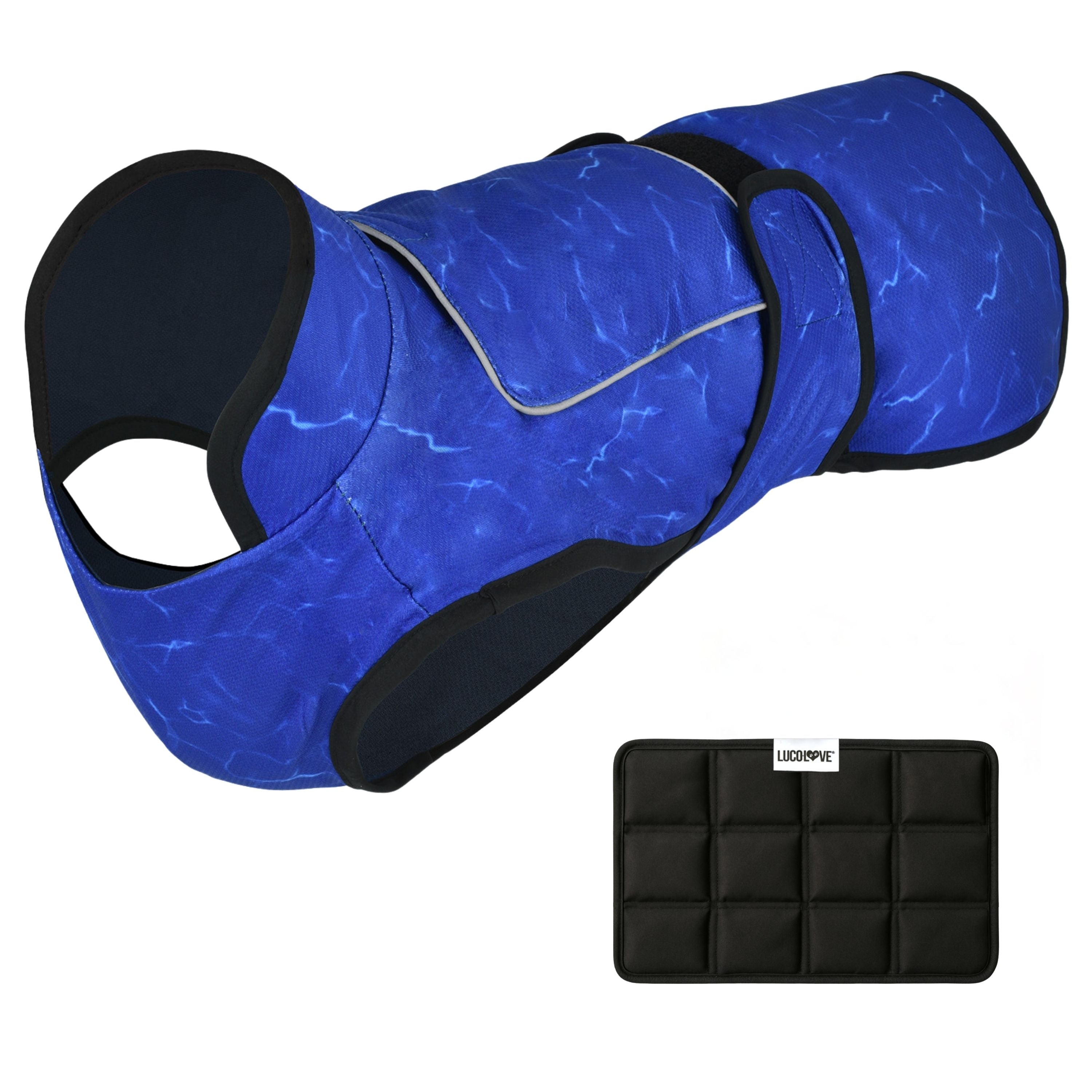 A royal blue patterned cooling dog vest shown against a white background with black trim, an upper ice pack pocket flap, side Velcro straps, and an accompanying black multi-compartment ice pack labelled "Lucolove".