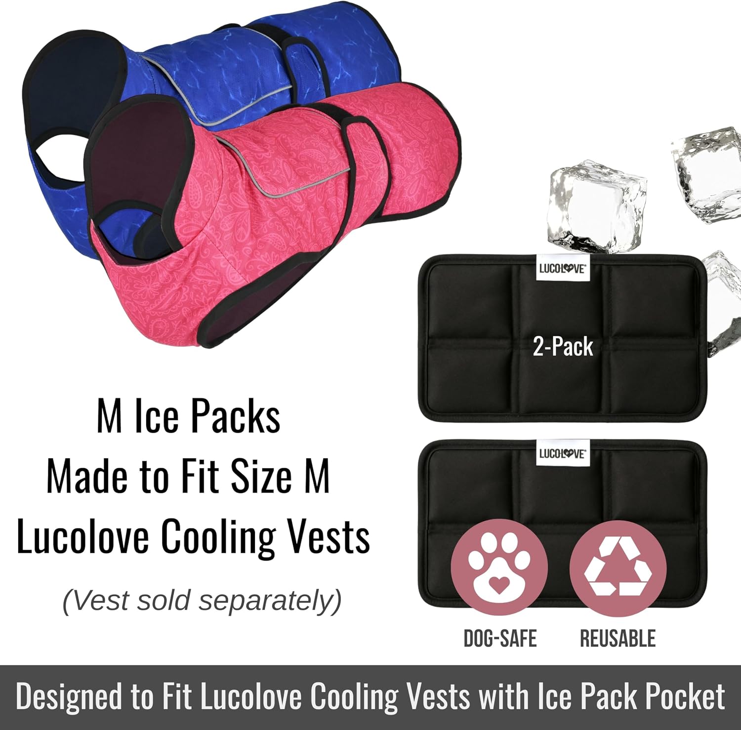 A product image featuring a two-pack of replacement ice packs for size medium dog cooling vests.