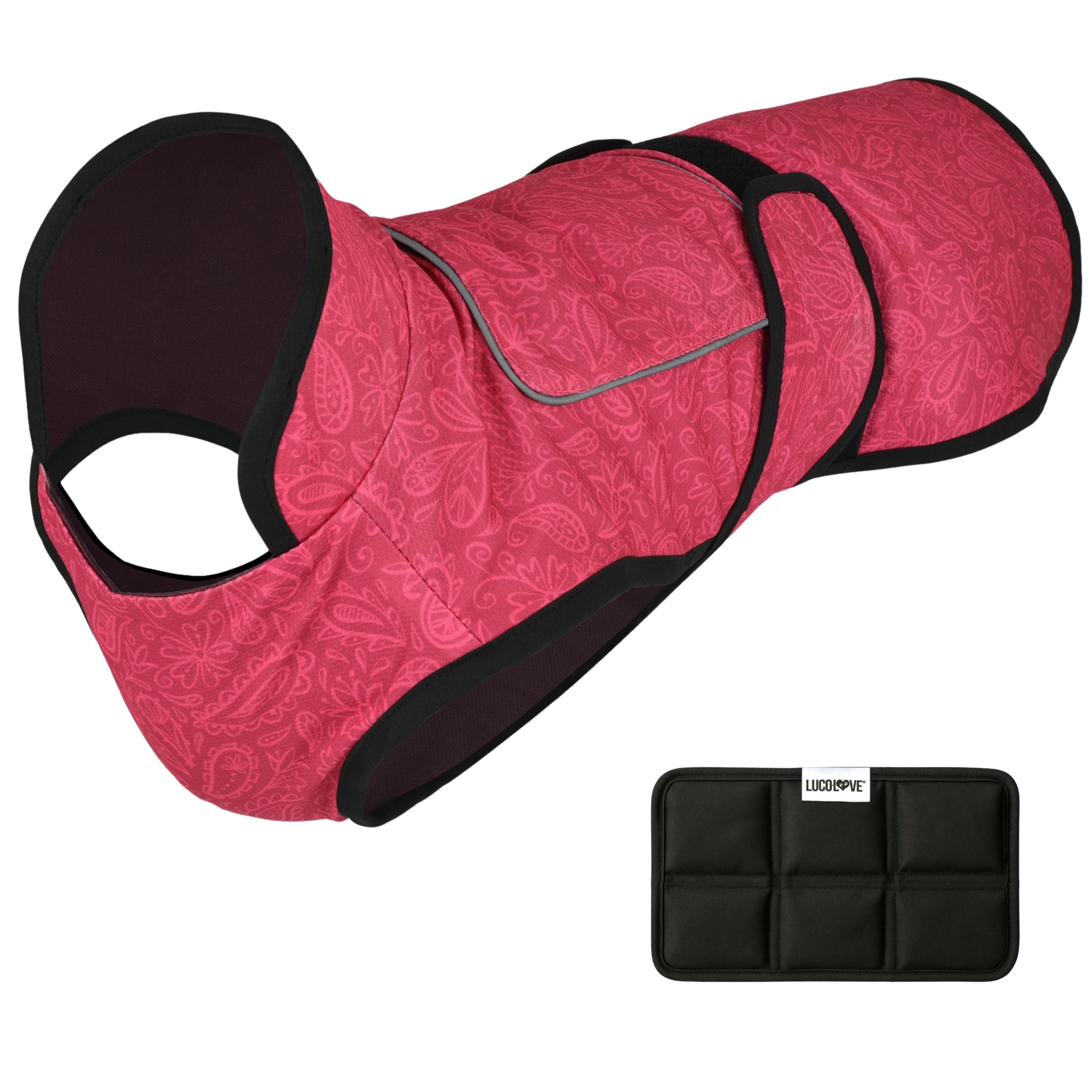 A pink flower-patterned cooling dog vest shown against a white background with black trim, an upper ice pack pocket flap, side Velcro straps, and an accompanying black multi-compartment ice pack labelled "Lucolove".