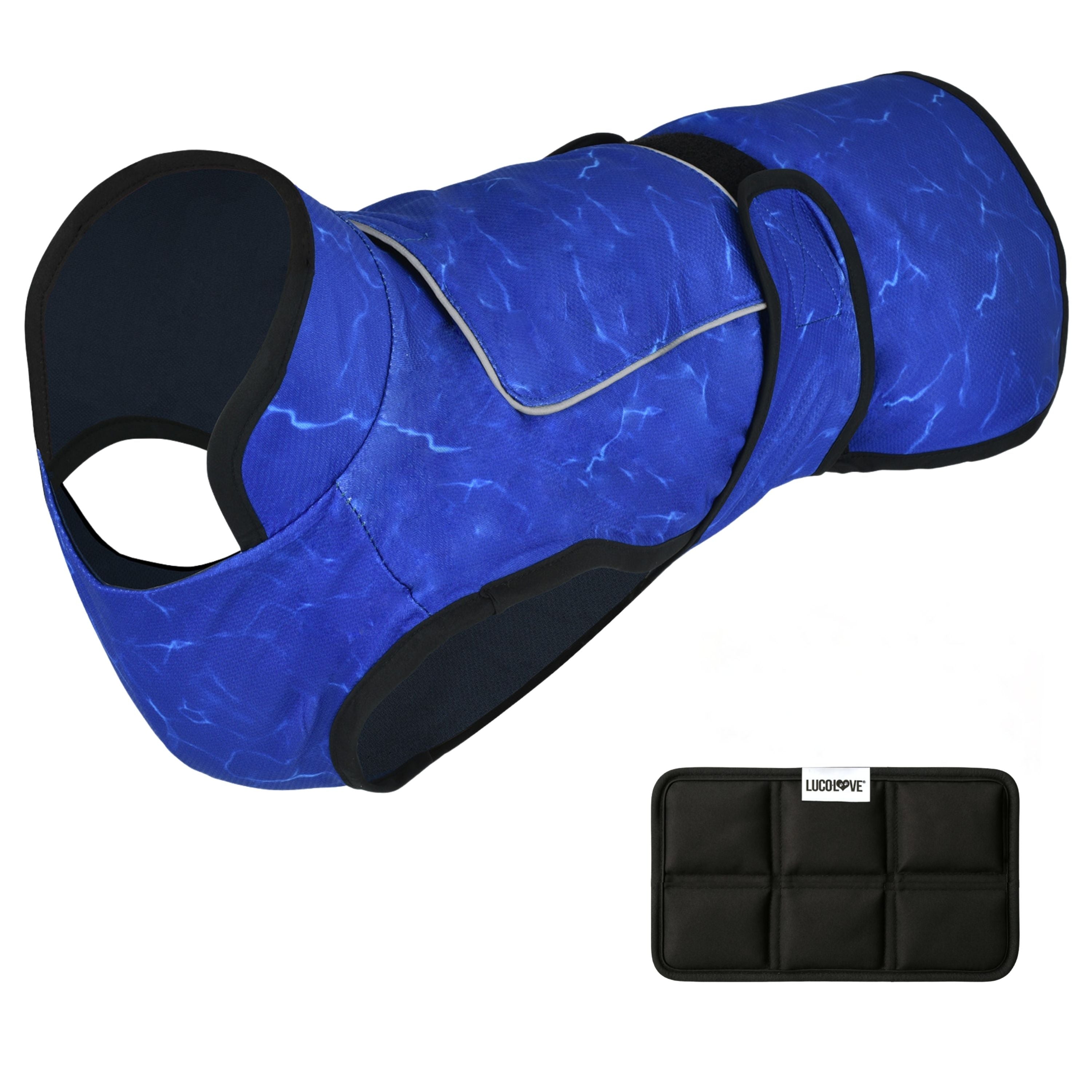 A royal blue patterned cooling dog vest shown against a white background with black trim, an upper ice pack pocket flap, side Velcro straps, and an accompanying black multi-compartment ice pack labelled "Lucolove".
