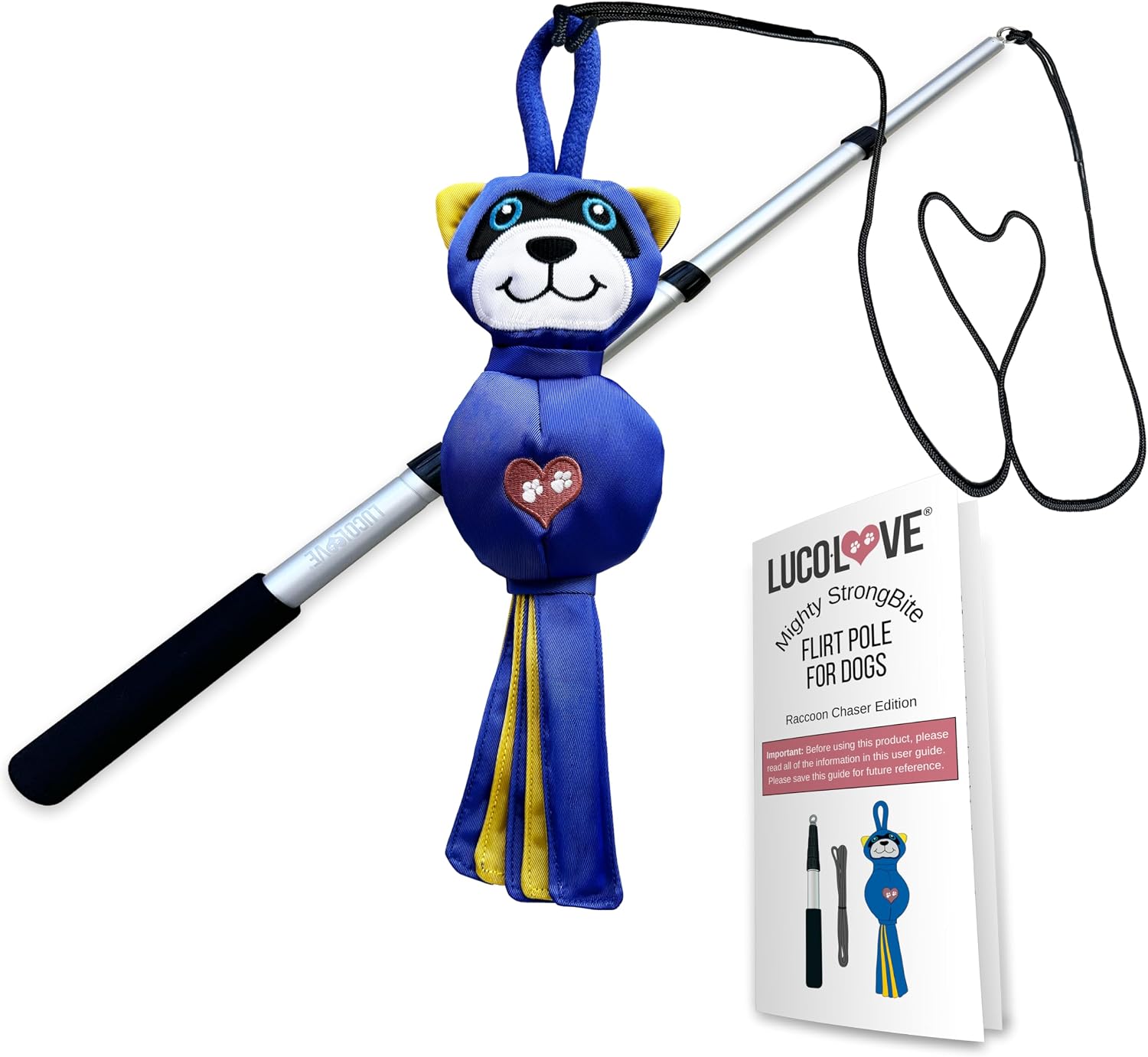 A blue plush raccoon dog toy lure attached to a metal extendable flirt pole, displayed alongside an instruction manual guide.