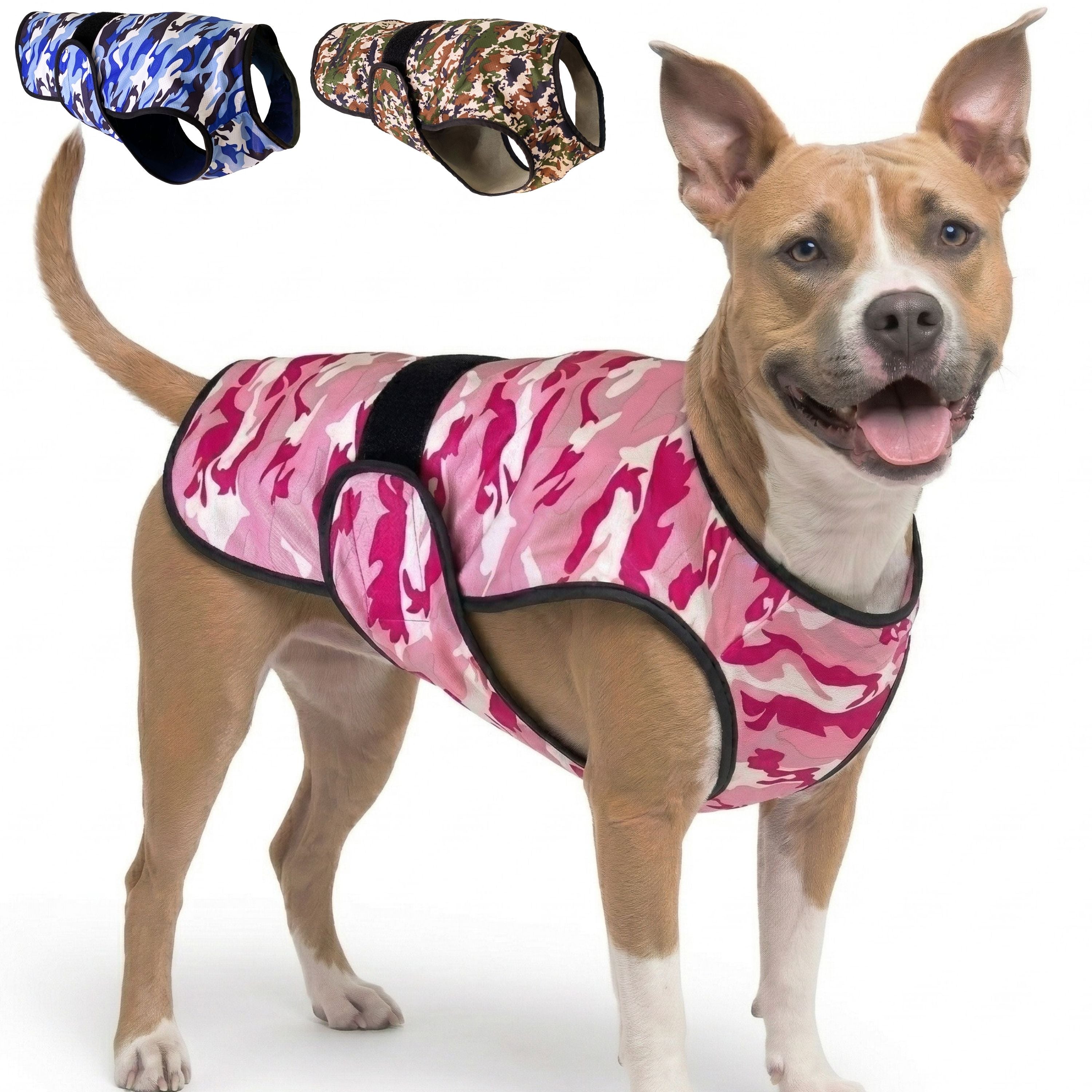 A dog standing against a white background wearing a camouflage cooling vest, with thumbnail options in the top corner other camouflage color variations.