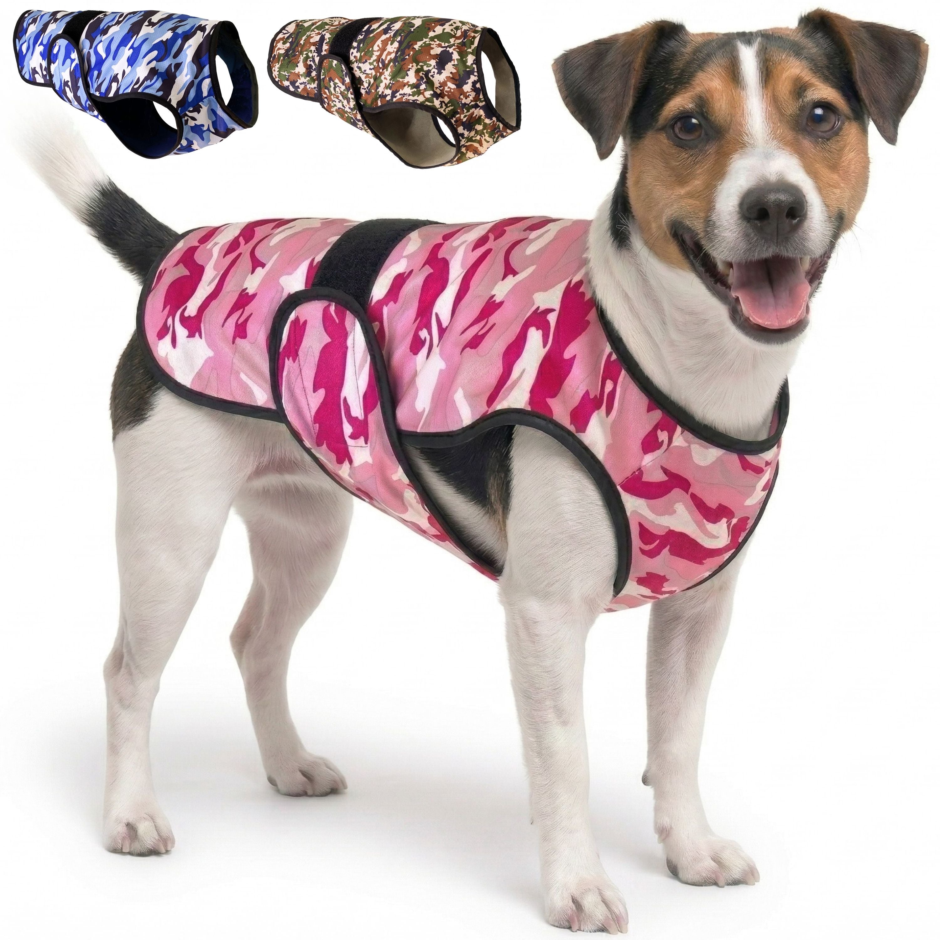A dog standing against a white background wearing a camouflage cooling vest, with thumbnail options in the top corner other camouflage color variations.