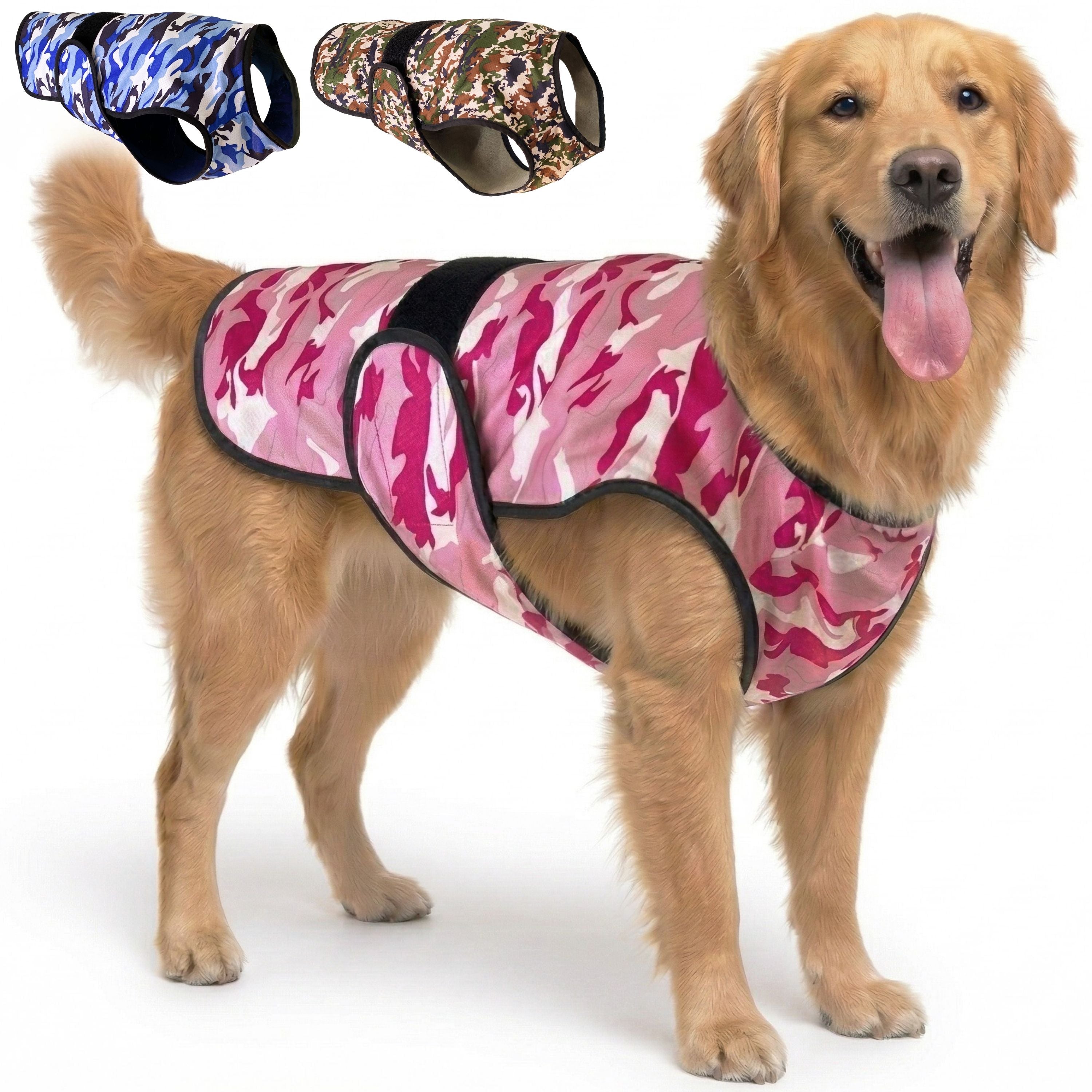 A dog standing against a white background wearing a camouflage cooling vest, with thumbnail options in the top corner other camouflage color variations.