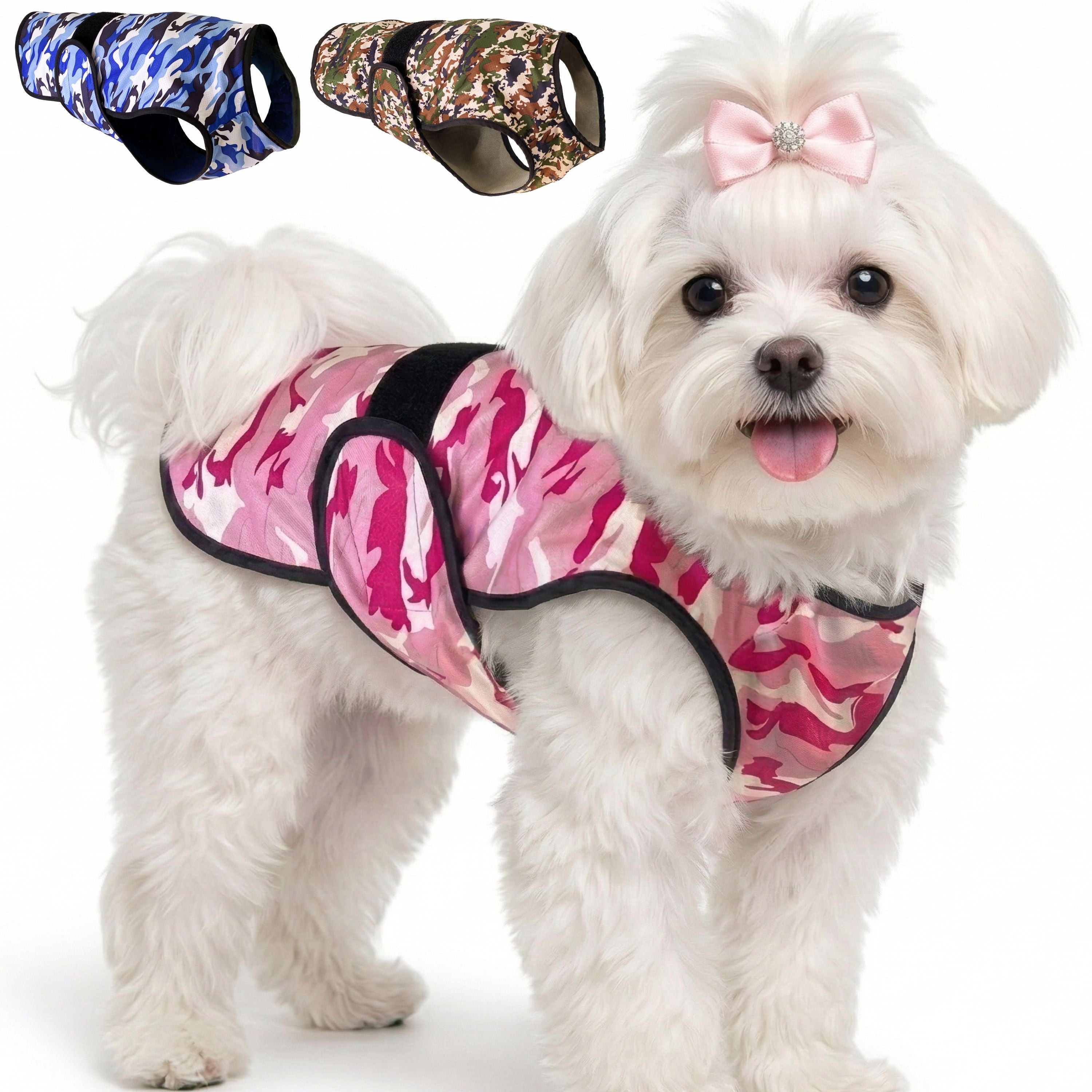A dog standing against a white background wearing a camouflage cooling vest, with thumbnail options in the top corner other camouflage color variations.