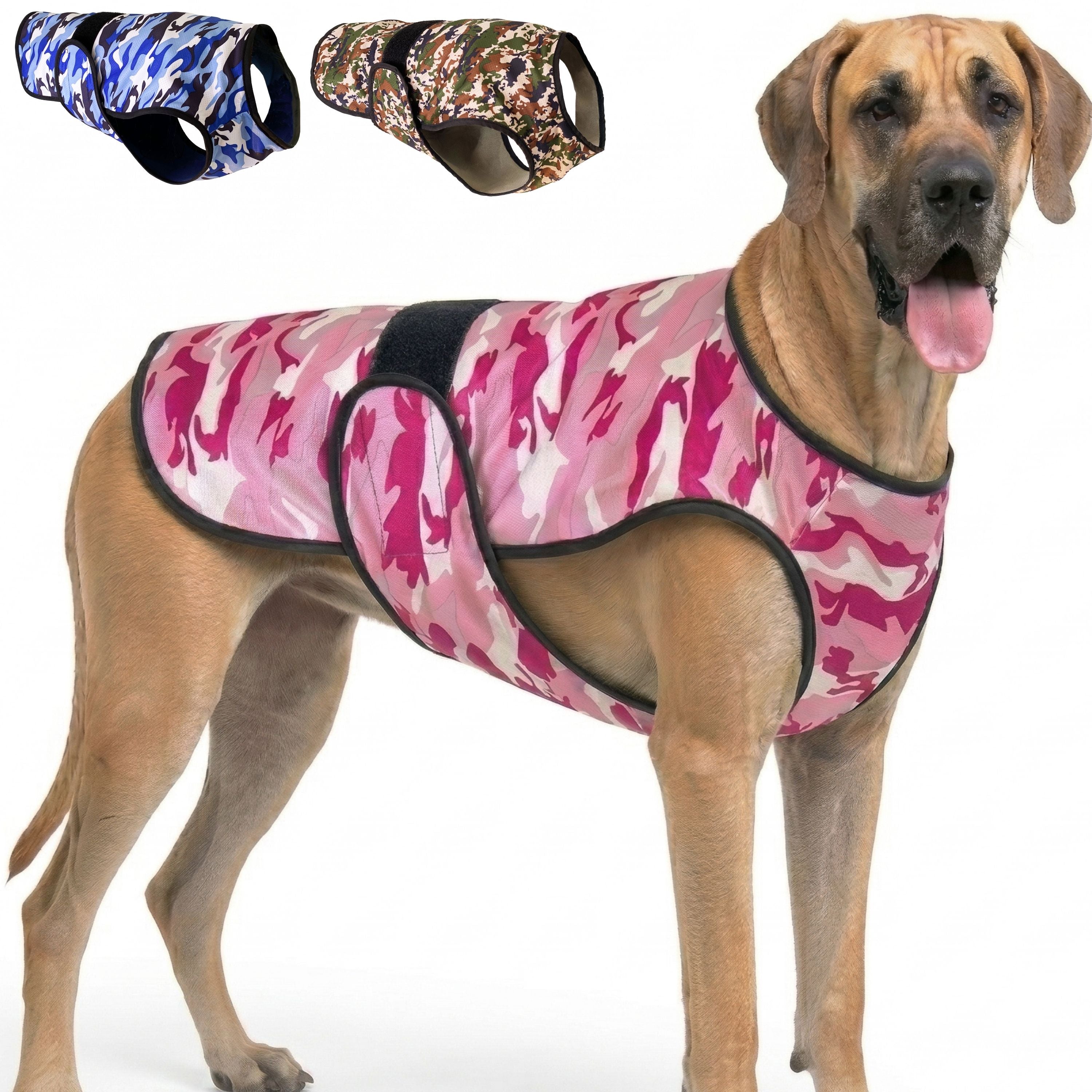 A dog standing against a white background wearing a camouflage cooling vest, with thumbnail options in the top corner other camouflage color variations.