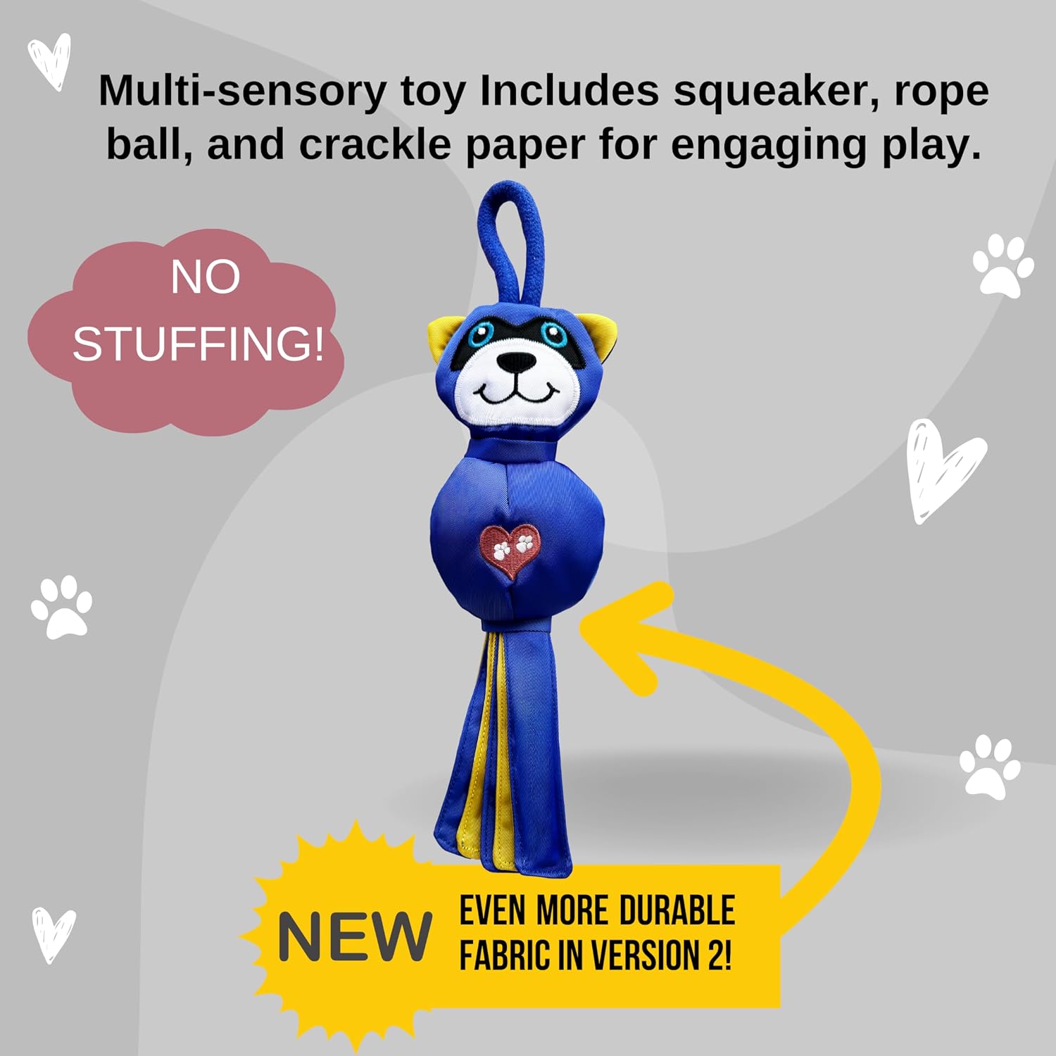 An graphic introducing the blue plush raccoon dog toy, highlighting its stuffing-free, bite-proof design and multi-sensory features like a squeaker and crackle paper.