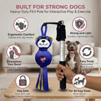 An infographic showing key features of the heavy-duty raccoon flirt pole toy, held by a person with a dog sitting in the background.