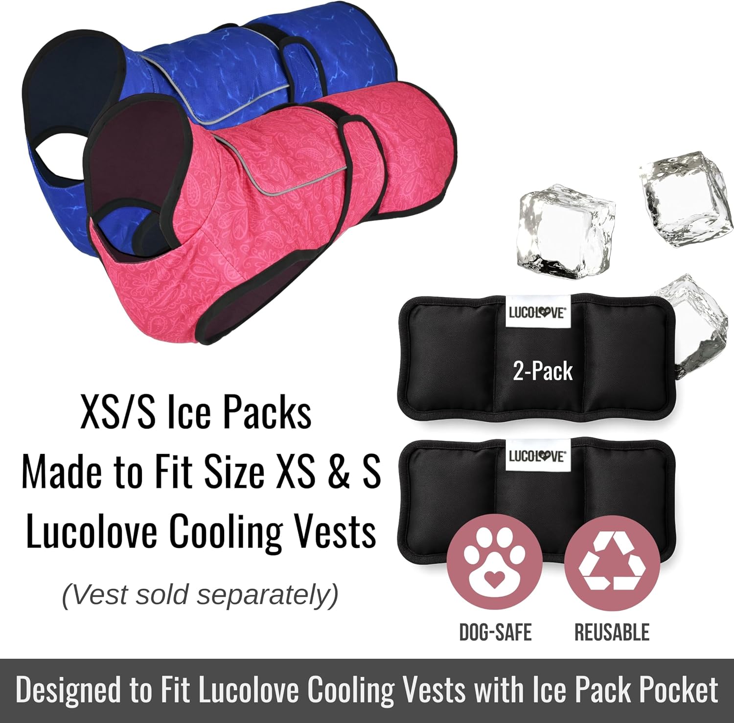 A product image featuring a two-pack of replacement ice packs for size extra-small and small dog cooling vests.