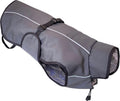 A gray self-heating dog coat shown from the side against a white background, featuring an adjustable back buckle strap, reflective trim lines, a high collar, and a visible thermal lining.