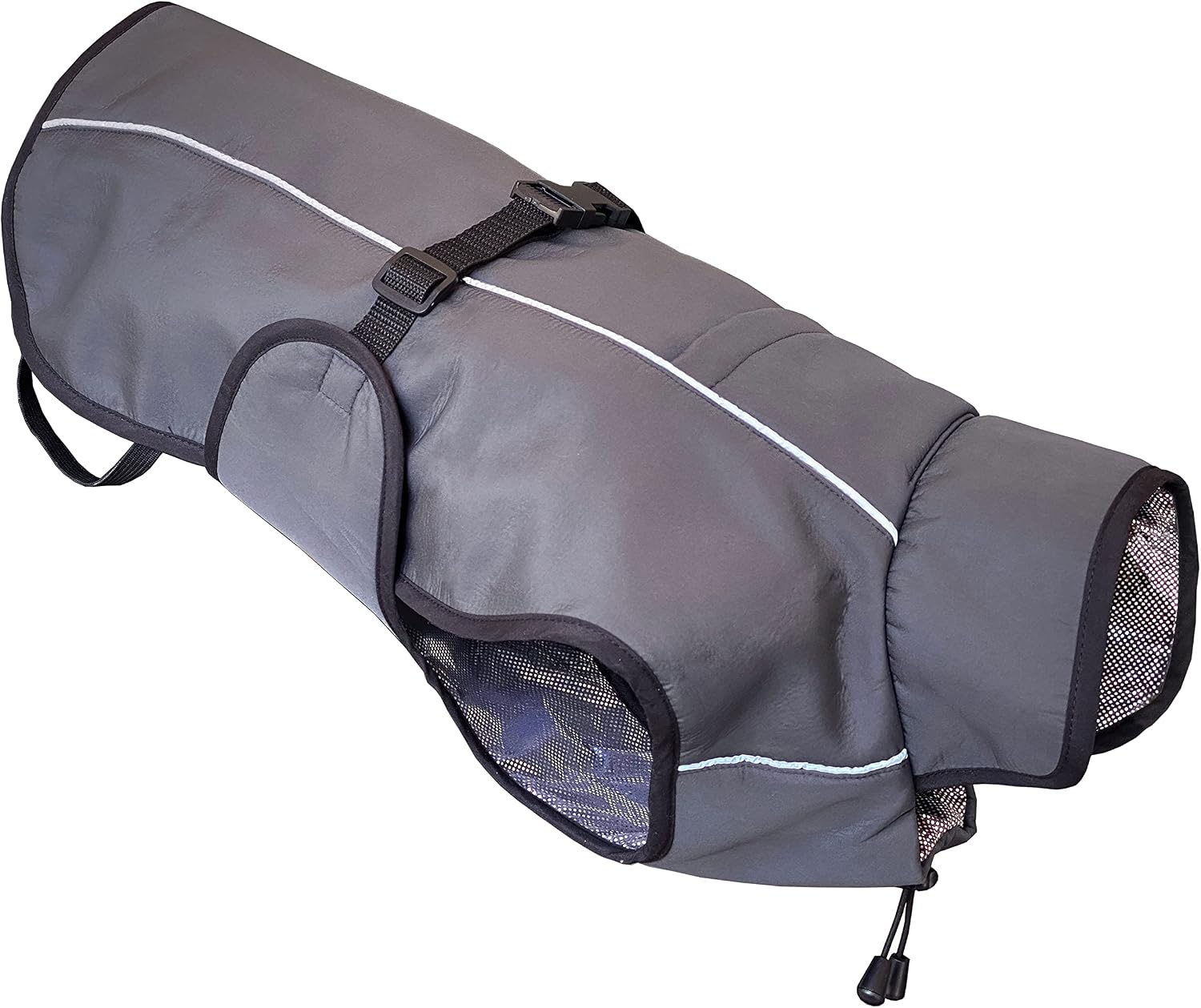 A gray self-heating dog coat shown from the side against a white background, featuring an adjustable back buckle strap, reflective trim lines, a high collar, and a visible thermal lining.