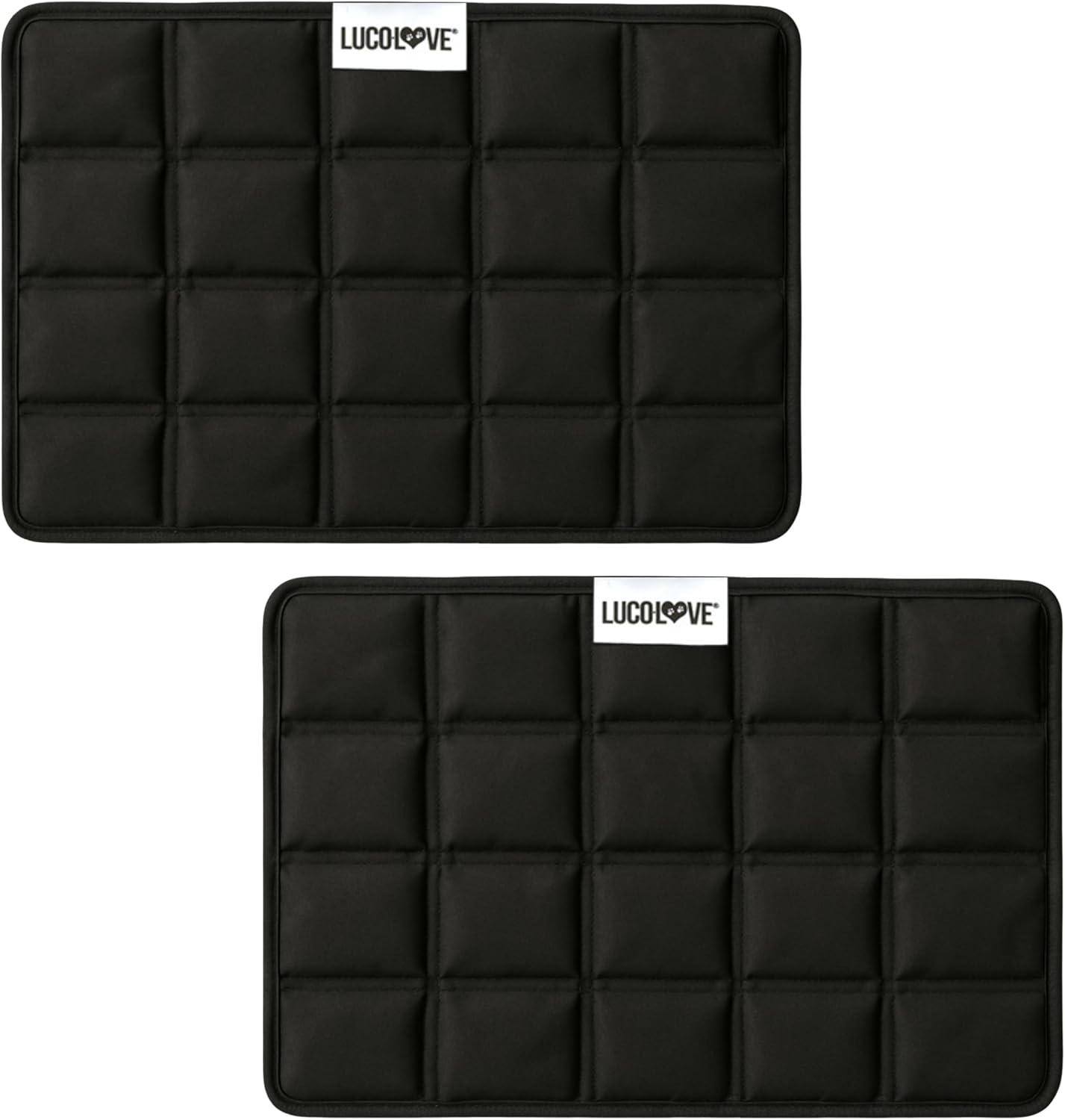 Two black ice pack inserts for dog cooling vests against a white background.