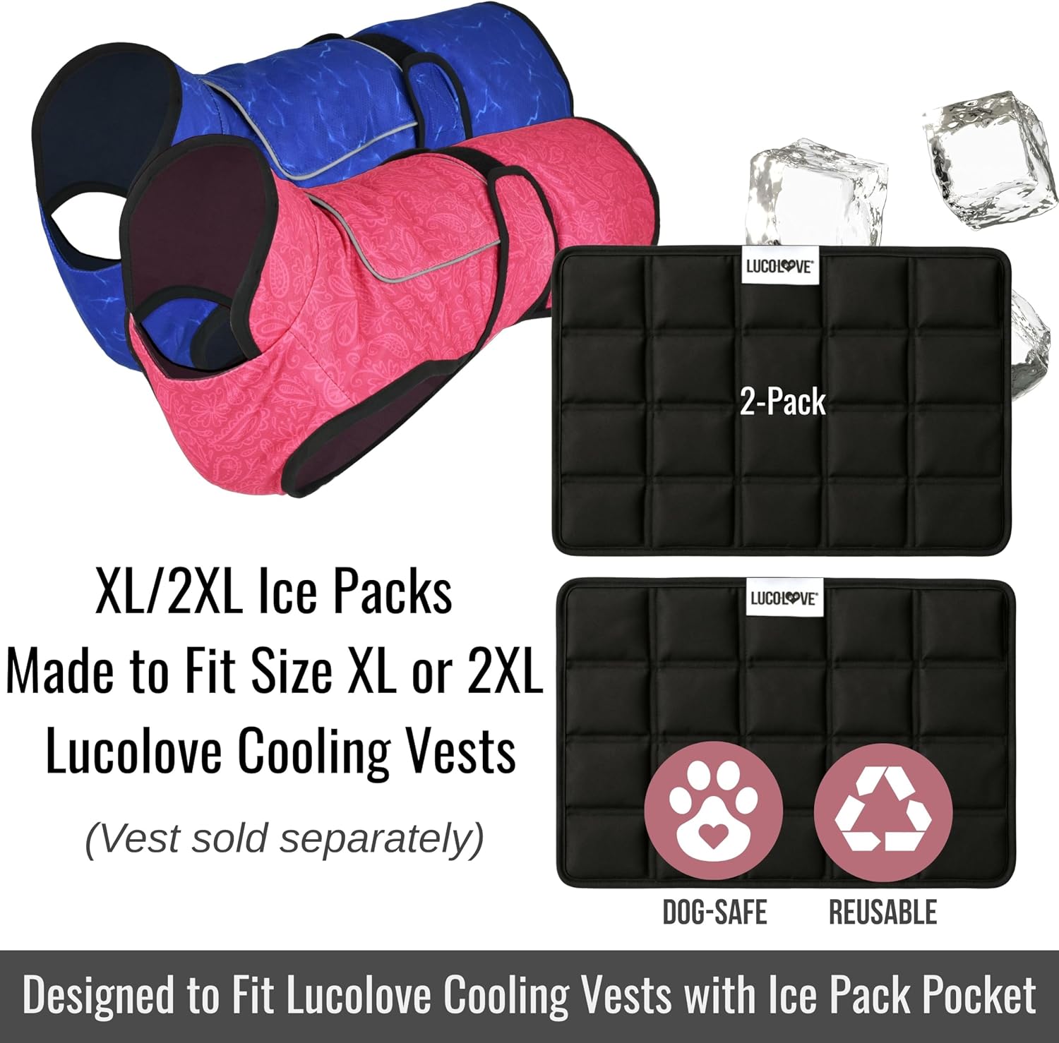 A product image featuring a two-pack of replacement ice packs for size extra-large and 2XL dog cooling vests.