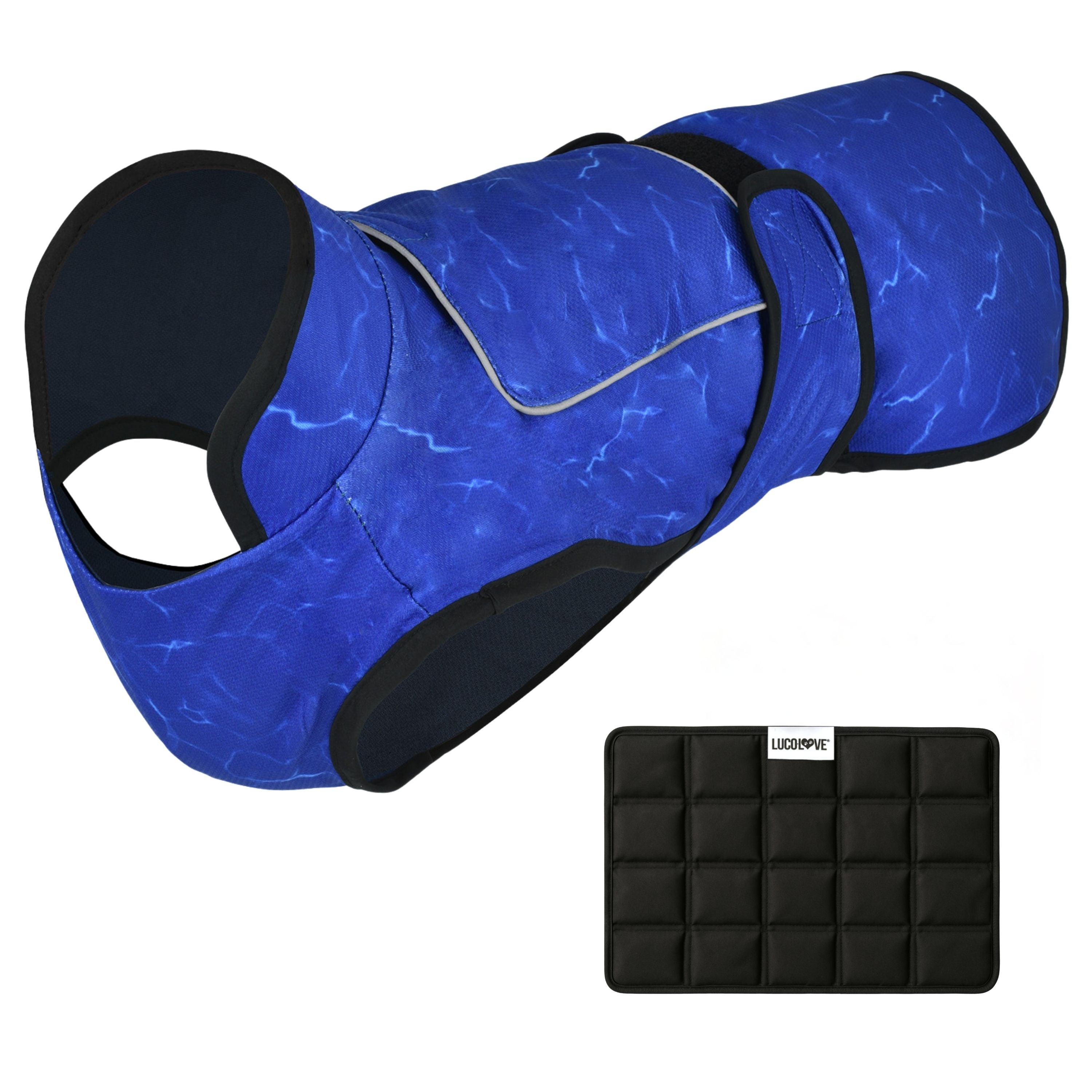 A royal blue patterned cooling dog vest shown against a white background with black trim, an upper ice pack pocket flap, side Velcro straps, and an accompanying black multi-compartment ice pack labelled "Lucolove".