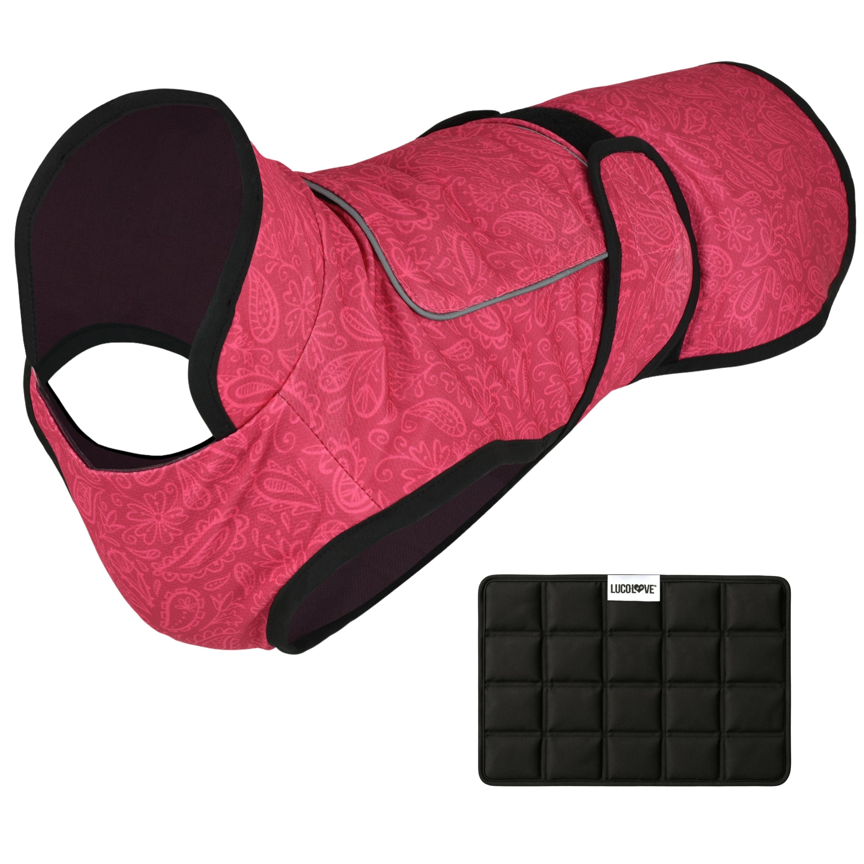 A pink flower-patterned cooling dog vest shown against a white background with black trim, an upper ice pack pocket flap, side Velcro straps, and an accompanying black multi-compartment ice pack labelled "Lucolove".
