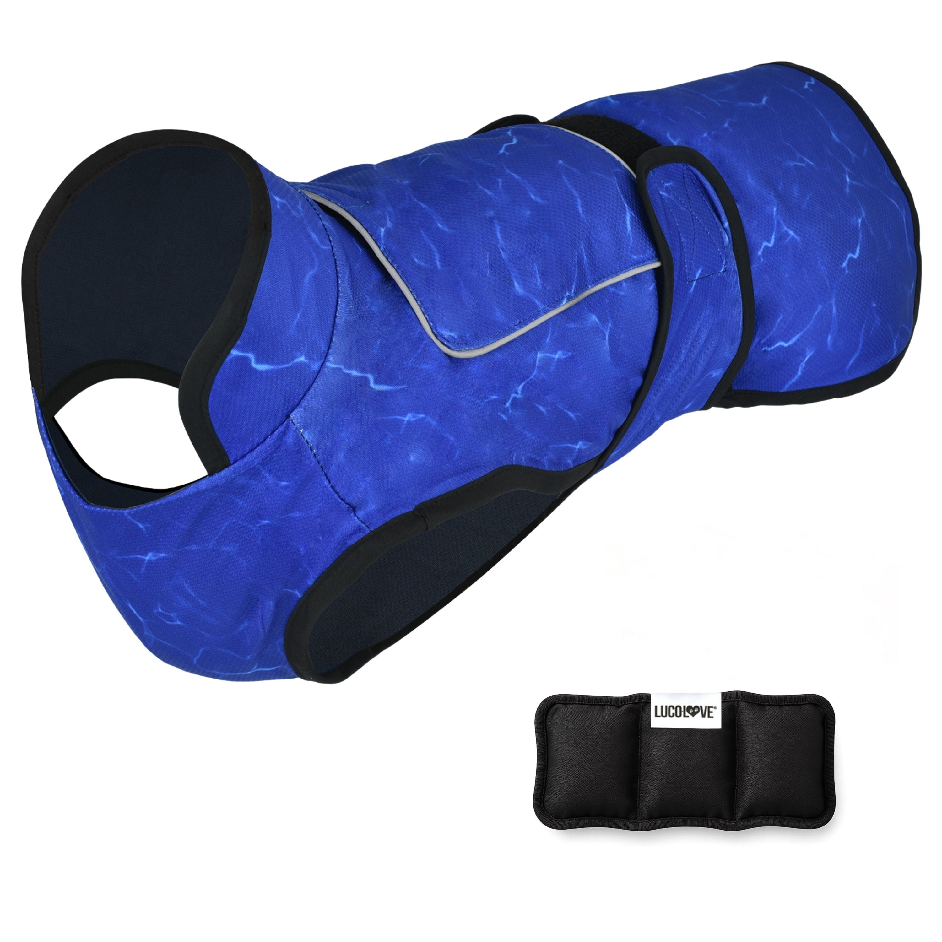 A royal blue patterned cooling dog vest shown against a white background with black trim, an upper ice pack pocket flap, side Velcro straps, and an accompanying black multi-compartment ice pack labelled "Lucolove".