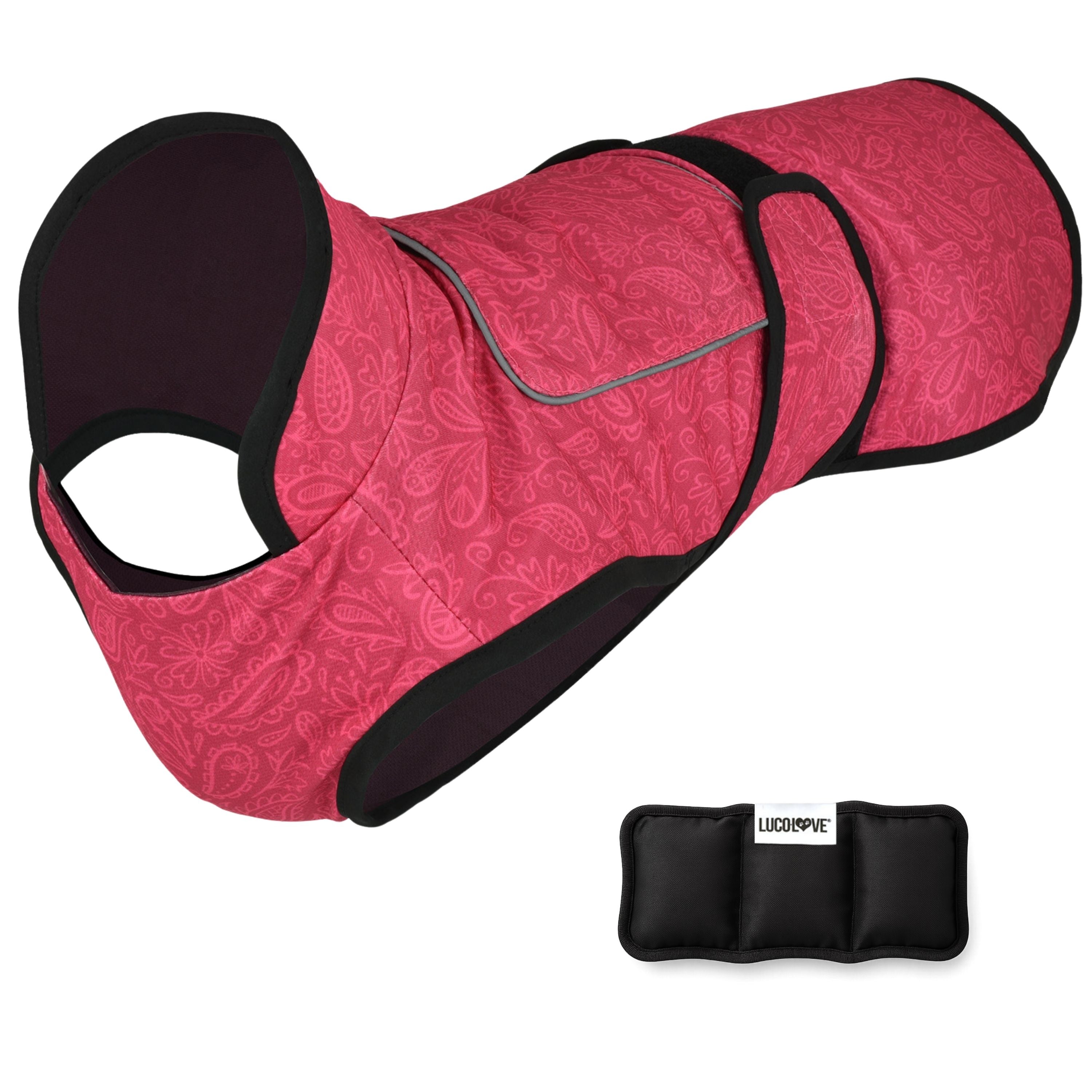 A pink flower-patterned cooling dog vest shown against a white background with black trim, an upper ice pack pocket flap, side Velcro straps, and an accompanying black multi-compartment ice pack labelled "Lucolove".