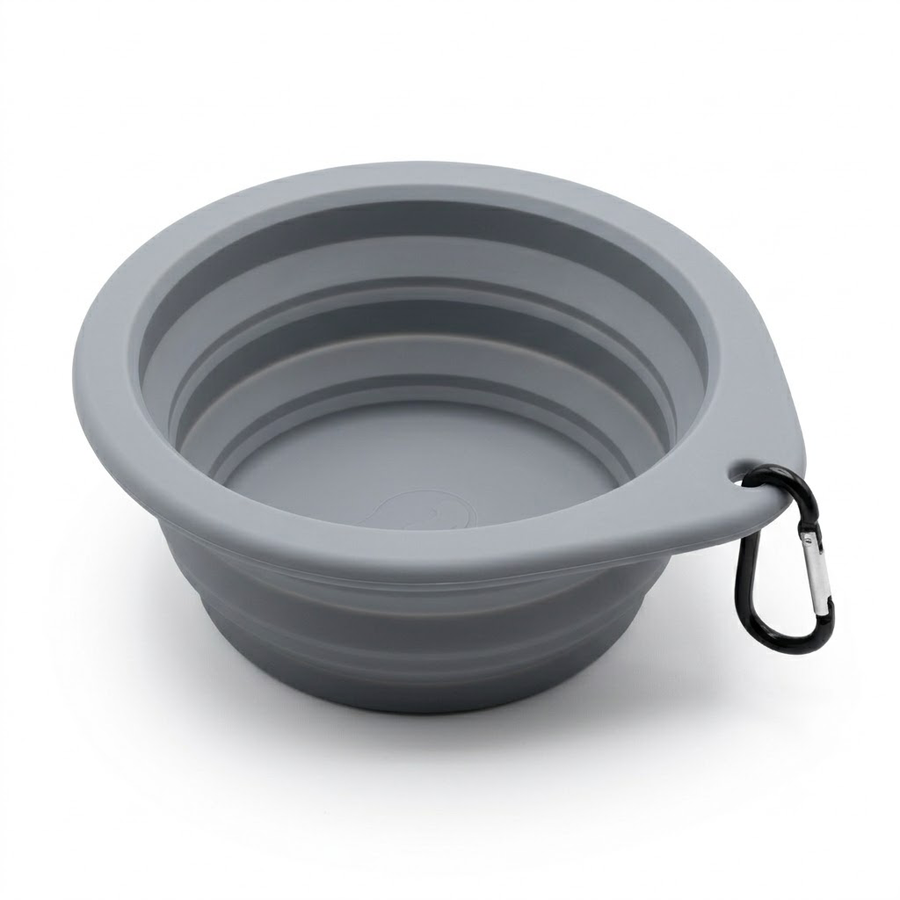 A gray collapsible silicone pet bowl with a black carabiner clip on the side, shown on a clean white background.